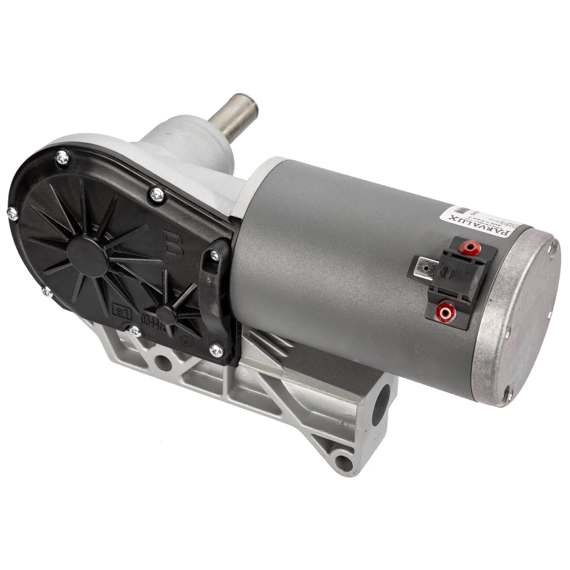 Motor-Getriebeeinheit B mit grauem Elektromotor, schwarzem Getriebegehäuse, silberner Montagehalterung und sichtbaren Anschlussklemmen