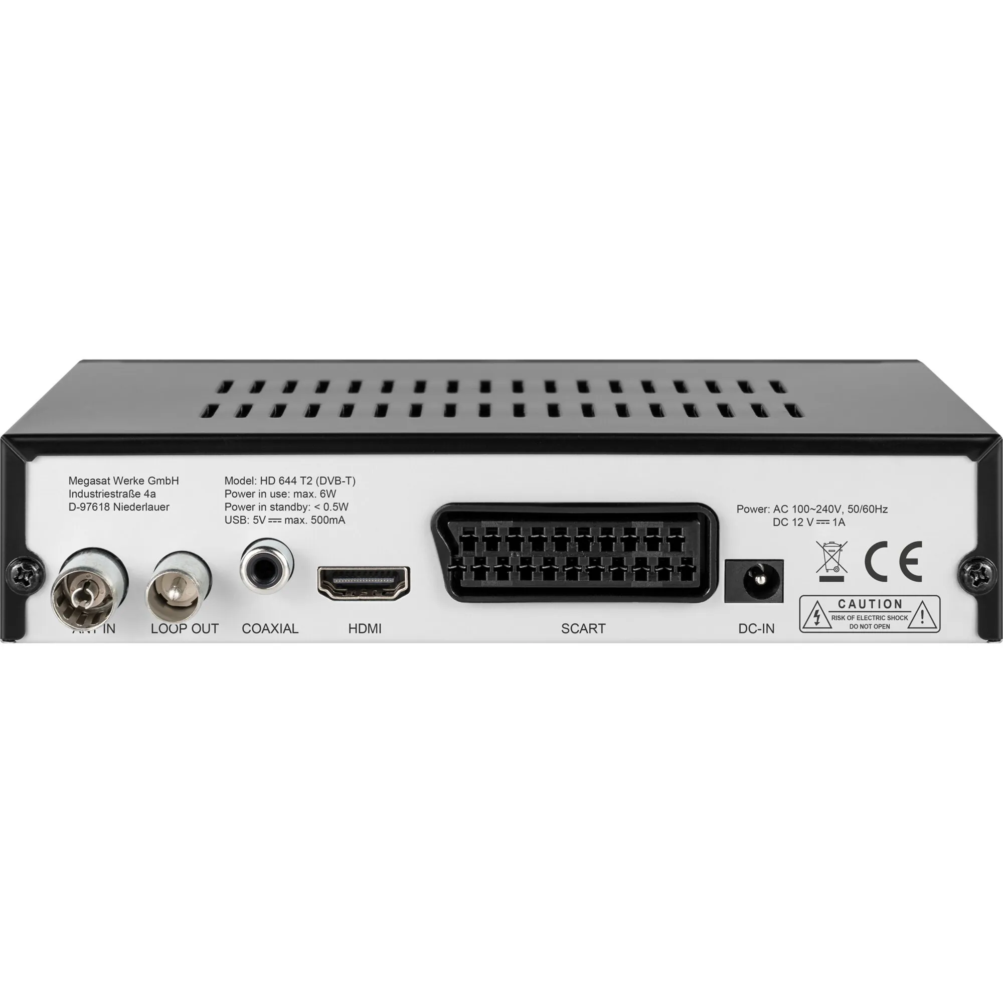 Rückansicht des schwarzen DVB-T2-Receivers Megasat HD 644 T2 mit Anschlüssen für Antenne, HDMI, SCART, Koaxial und 12-Volt-Netzteil