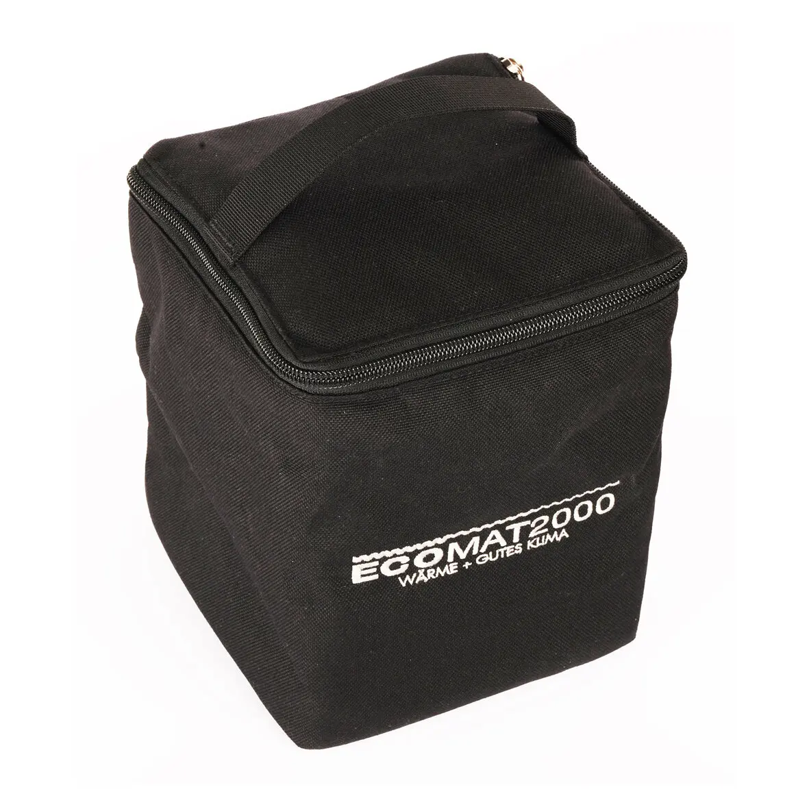 Schwarze gepolsterte Tasche in rechteckiger Form mit umlaufendem Reißverschluss und kurzem Traggurt, vorn das Logo ECOMAT2000