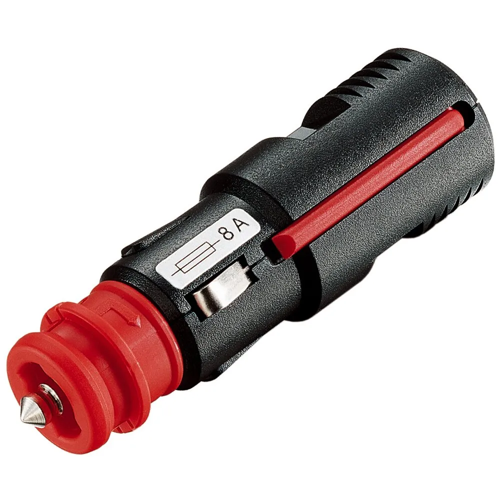 Schwarzer Zweipol-Stecker Universal mit roten Einsätzen, seitlichem Schieber und sichtbarer Kennzeichnung 8 A in schräger Seitenansicht