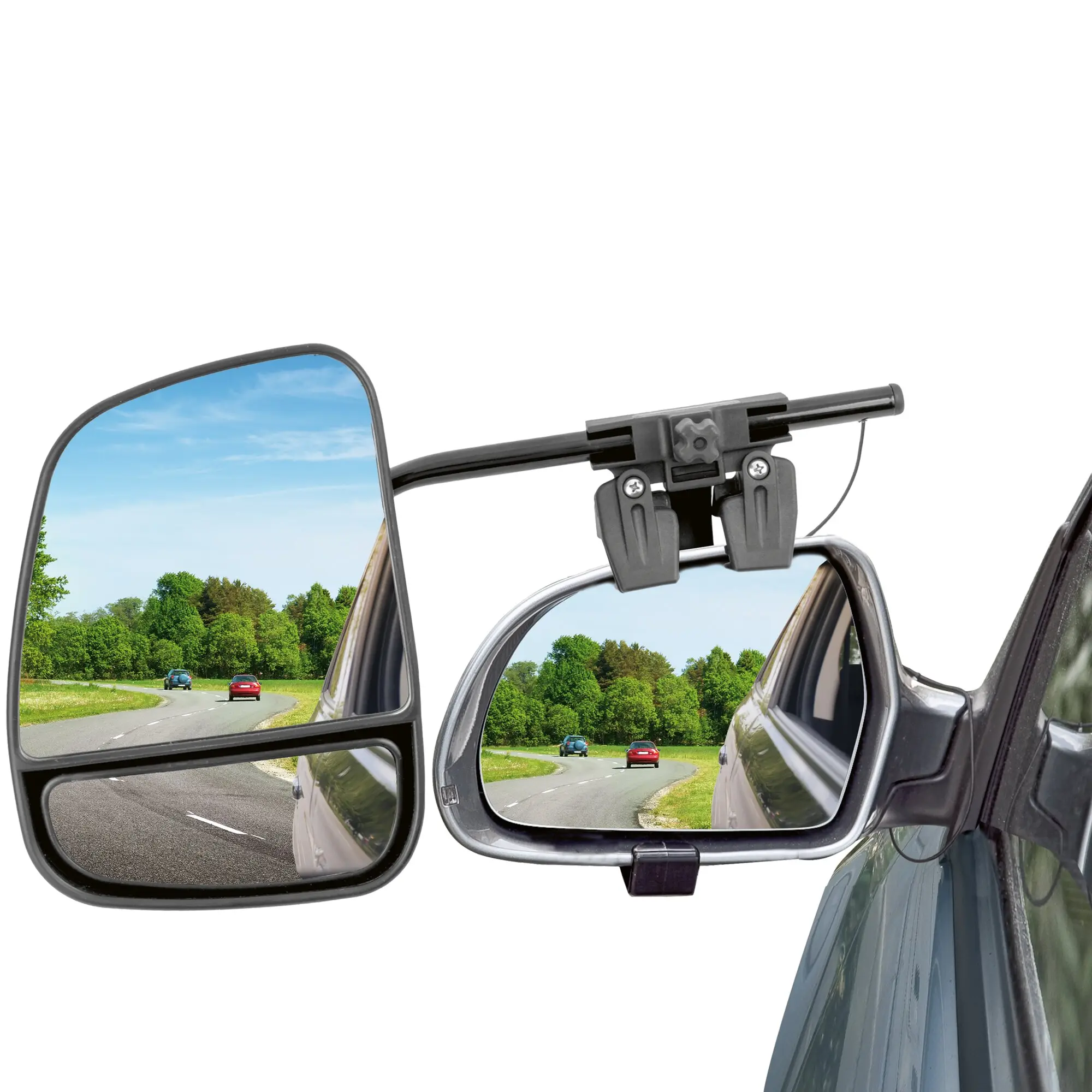 Caravanspiegel Rider Pro mit zwei schwarzen Zusatzspiegeln an den Außenspiegeln eines Autos, Straßenansicht in den Spiegelflächen