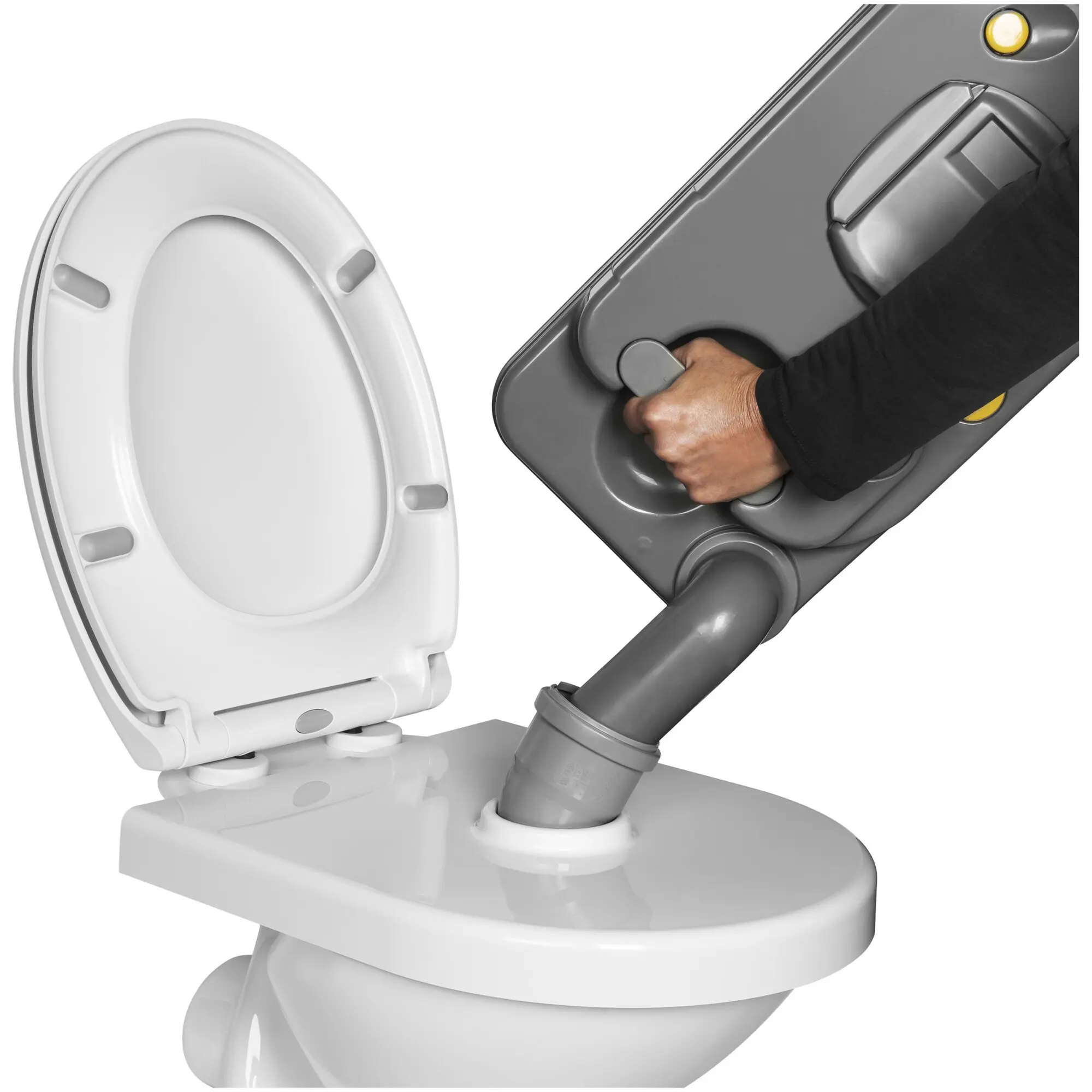 Weißer Toilettensitz neben einem grauen Befestigungsgerät mit gelbem Knopf; eine Hand betätigt den grauen Hebel
