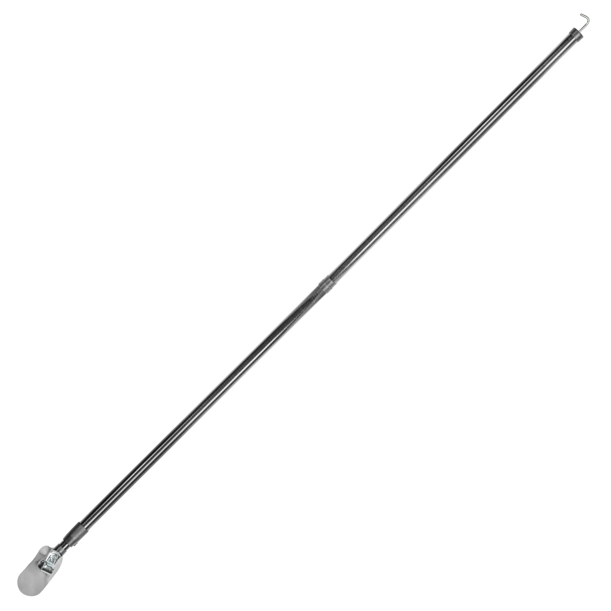 Schwarze GFK-Dachstange mit 250 cm Länge, Metallhaken an einem Ende und flacher Metallhalterung am anderen Ende