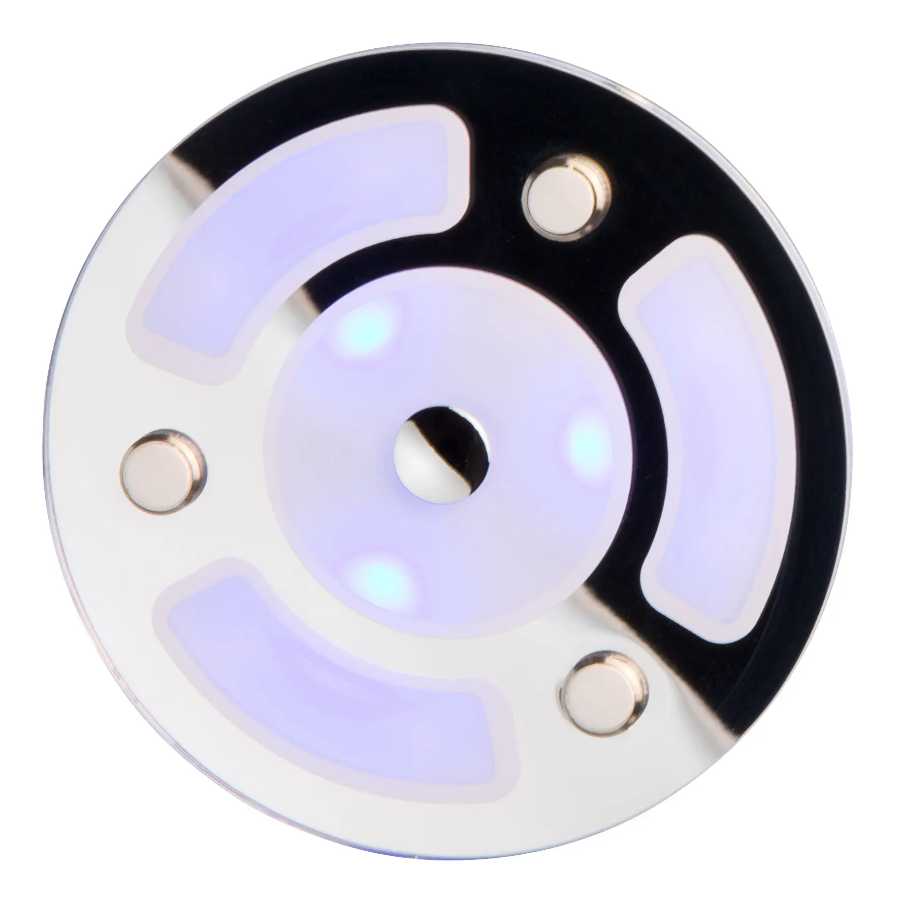 Nahaufnahme eines runden LED-Deckenleuchtelement mit violettem Lichtring, glänzendem Metallrand und kleinen Befestigungskappen