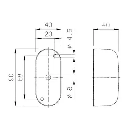 Technische Zeichnung einer abgerundeten Umrissleuchte mit Front- und Seitenansicht, drei Befestigungsbohrungen und Maßangaben 90 × 40 mm