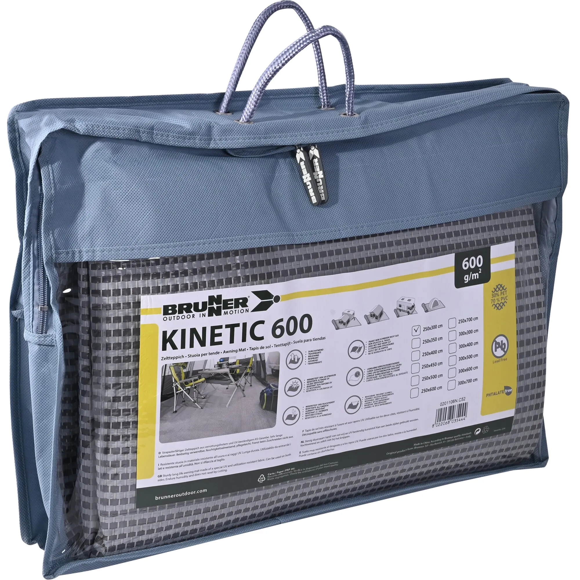 Zusammengefalteter grauer Zeltteppich Kinetic 600 von Brunner in einer Tragetasche mit Tragegriffen, 3 × 7 m