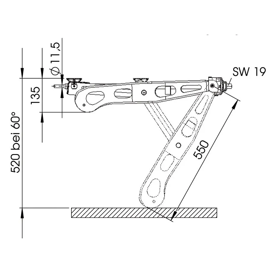 Technische Seitenansicht einer Steckstütze Premium 1250 L mit abgewinkeltem Stützarm und Maßangaben 520, 550, 35 und 11,5 mm