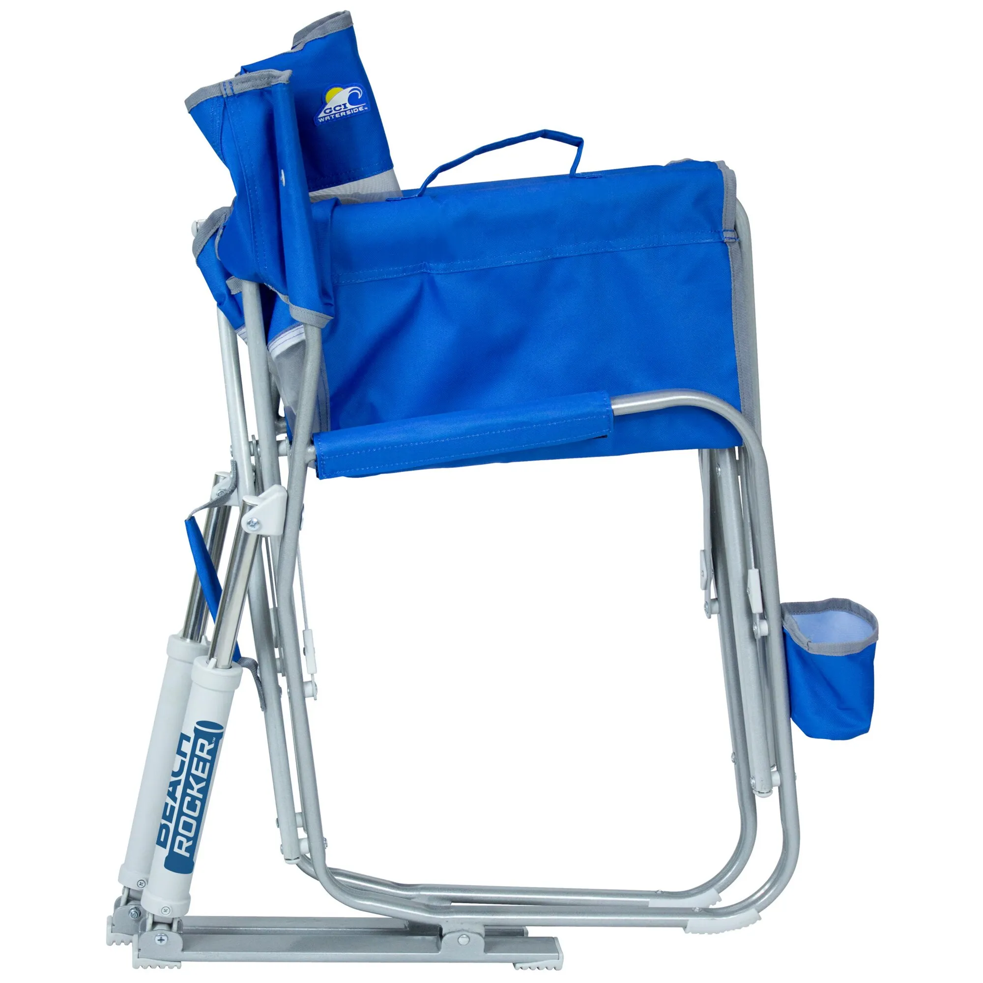 Blauer Beach Rocker™ Camping-Schaukelstuhl mit silbernem Metallgestell, Armlehnen, Fußstütze und seitlichen Getränkehaltern