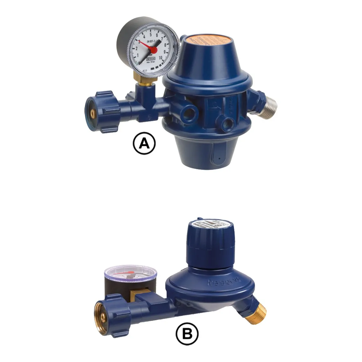 Blaue Zweiflaschenanlage Caramatic BasicTwo, 30 mbar, mit zwei Reglern, Manometer und Anschlüssen, gekennzeichnet mit A und B