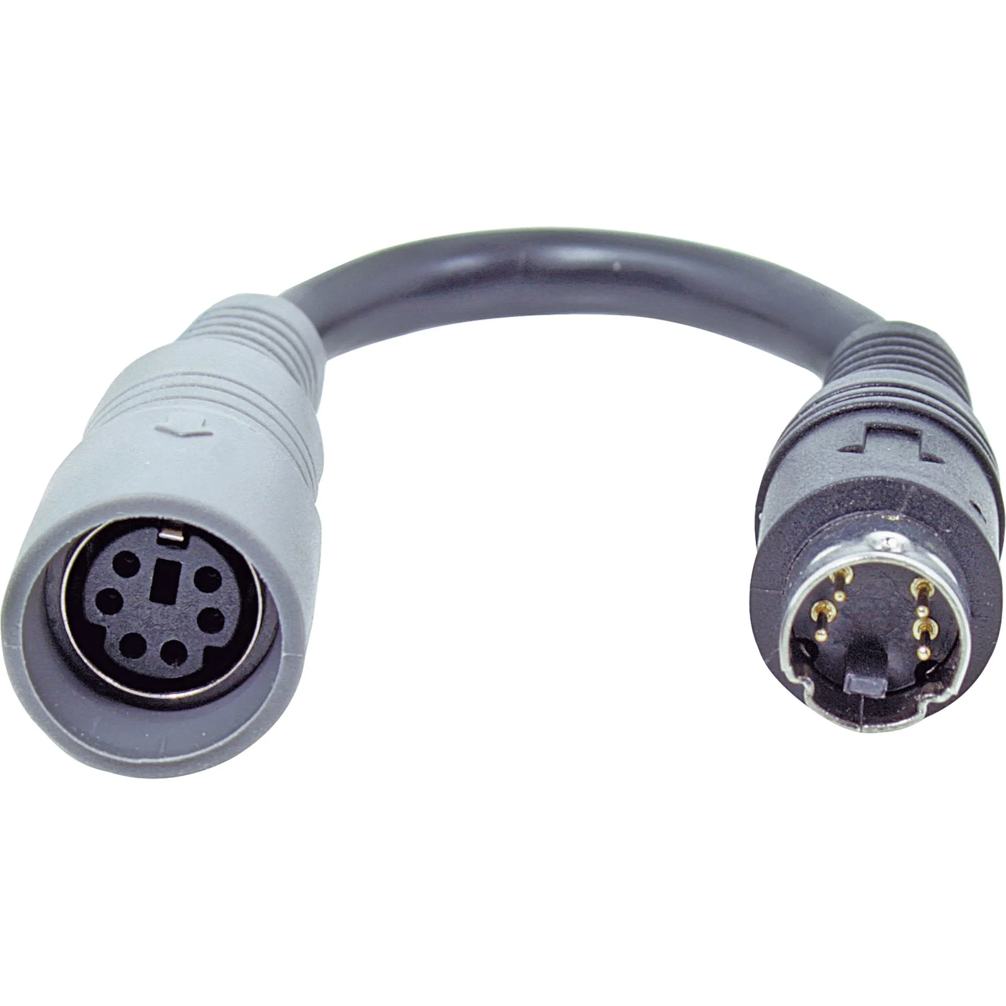 Schwarzes Adapterkabel mit 6-poliger Kupplung und 4-poligem Stecker für Monitore, frontal auf weißem Hintergrund dargestellt
