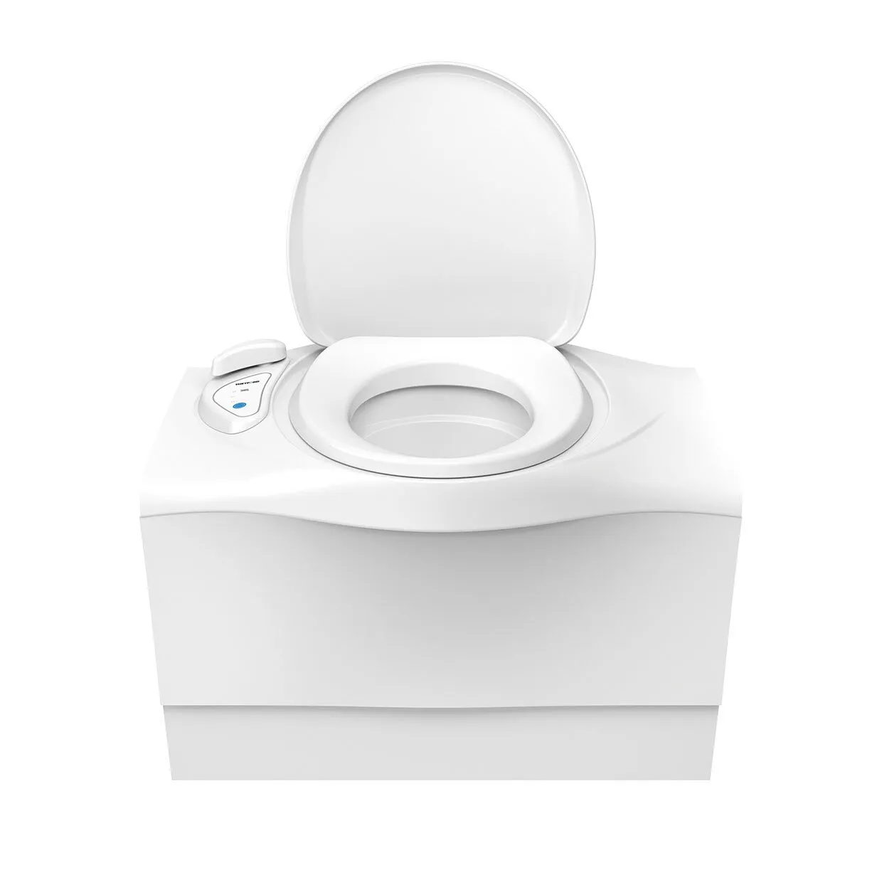 Weiße Cassettentoilette C403-L für die rechte Seite mit geöffnetem Deckel, Toilettensitz und seitlichem Bedienfeld