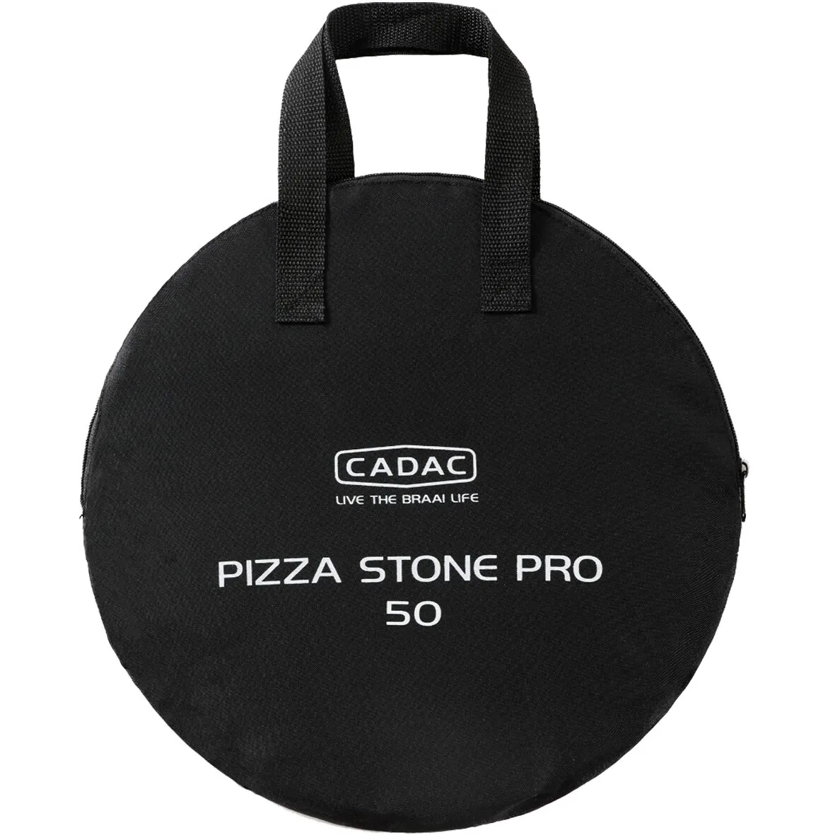 Schwarze runde Transporttasche mit Tragegriffen für den CADAC Pizza Stone Pro, beschriftet mit „PIZZA STONE PRO 50“