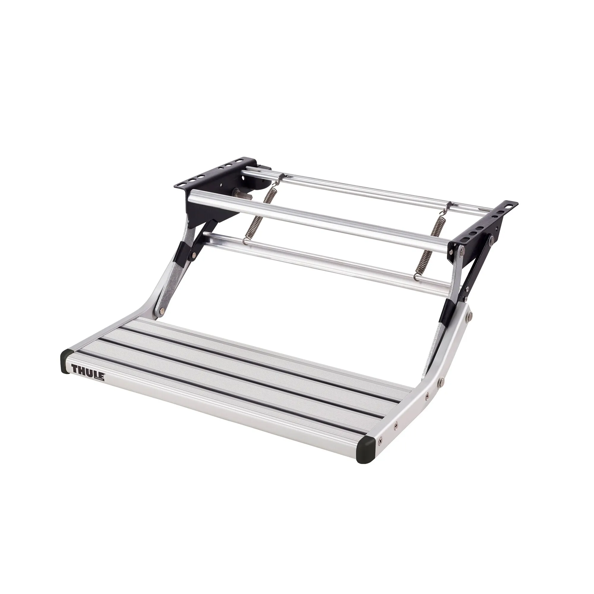 Manuelle Thule Single Step V10 Trittstufe aus Aluminium mit geriffelter Standfläche, ausgeklappt auf schwarzem Klapprahmen