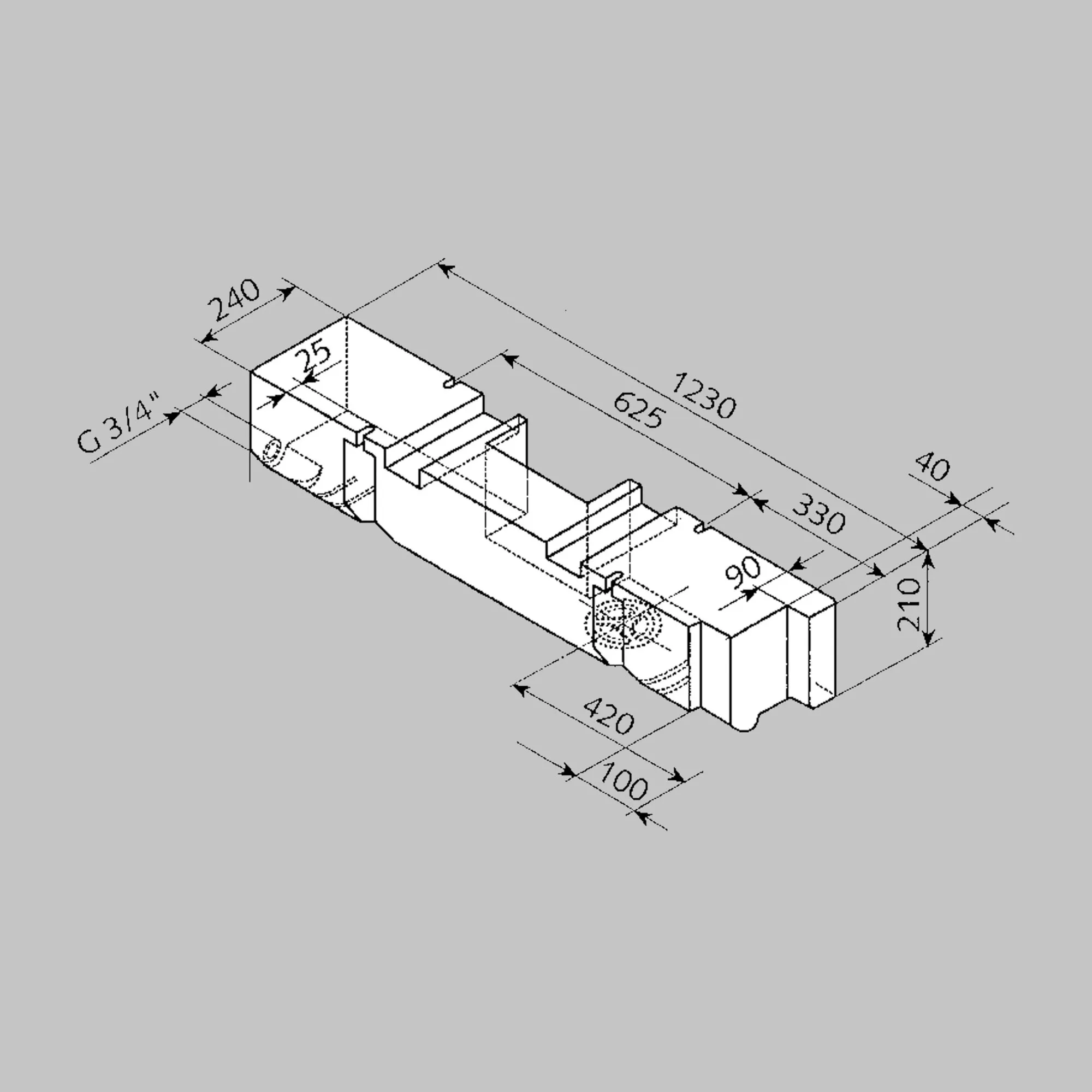 Technische Zeichnung des Abwassertanks 53 mit länglicher Form, Innenaufteilung, Anschlussöffnungen und Maßangaben