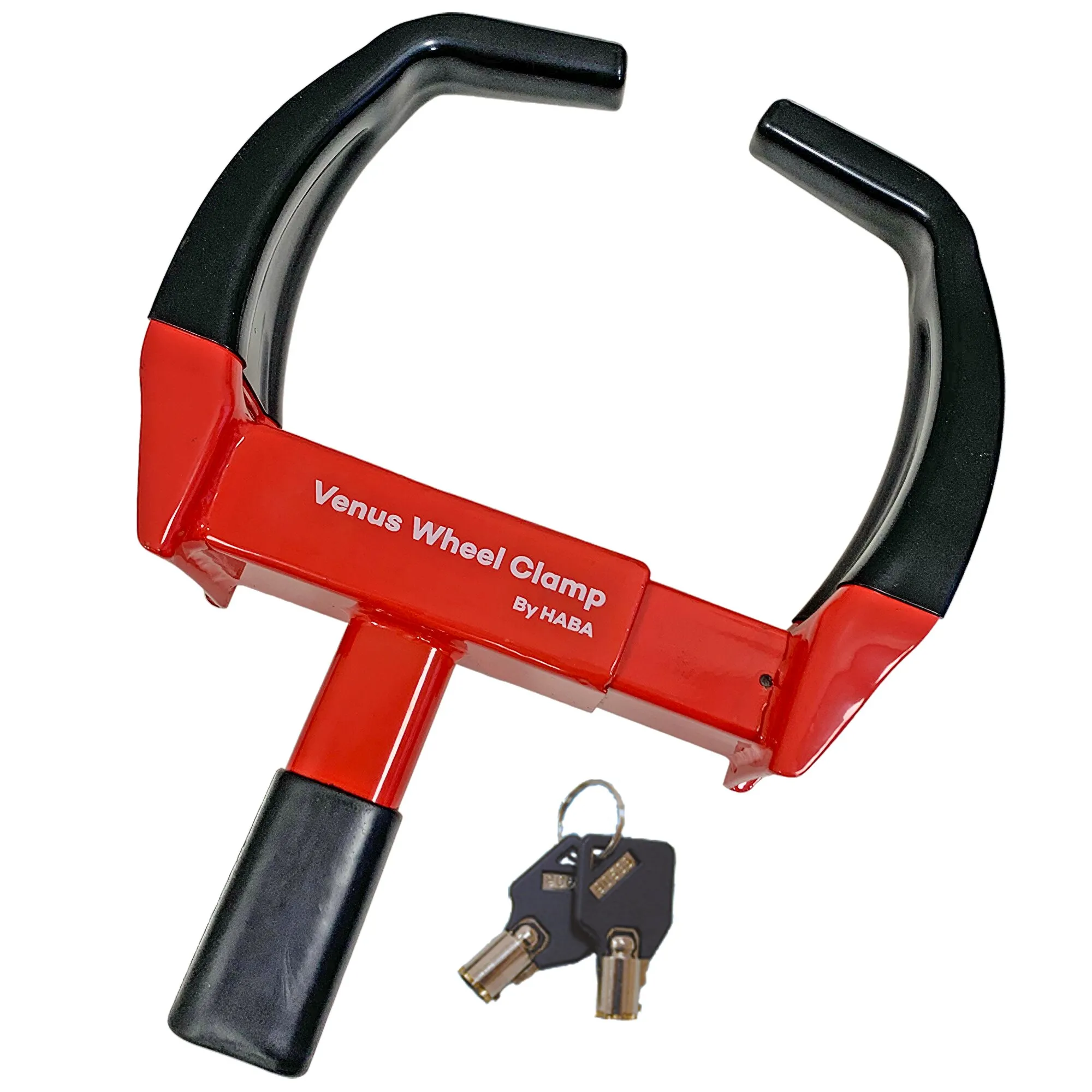 Rote und schwarze Radkralle Venus Wheel Clamp von HAABA mit schwarzem Griff und zwei sichtbaren Schlüsseln