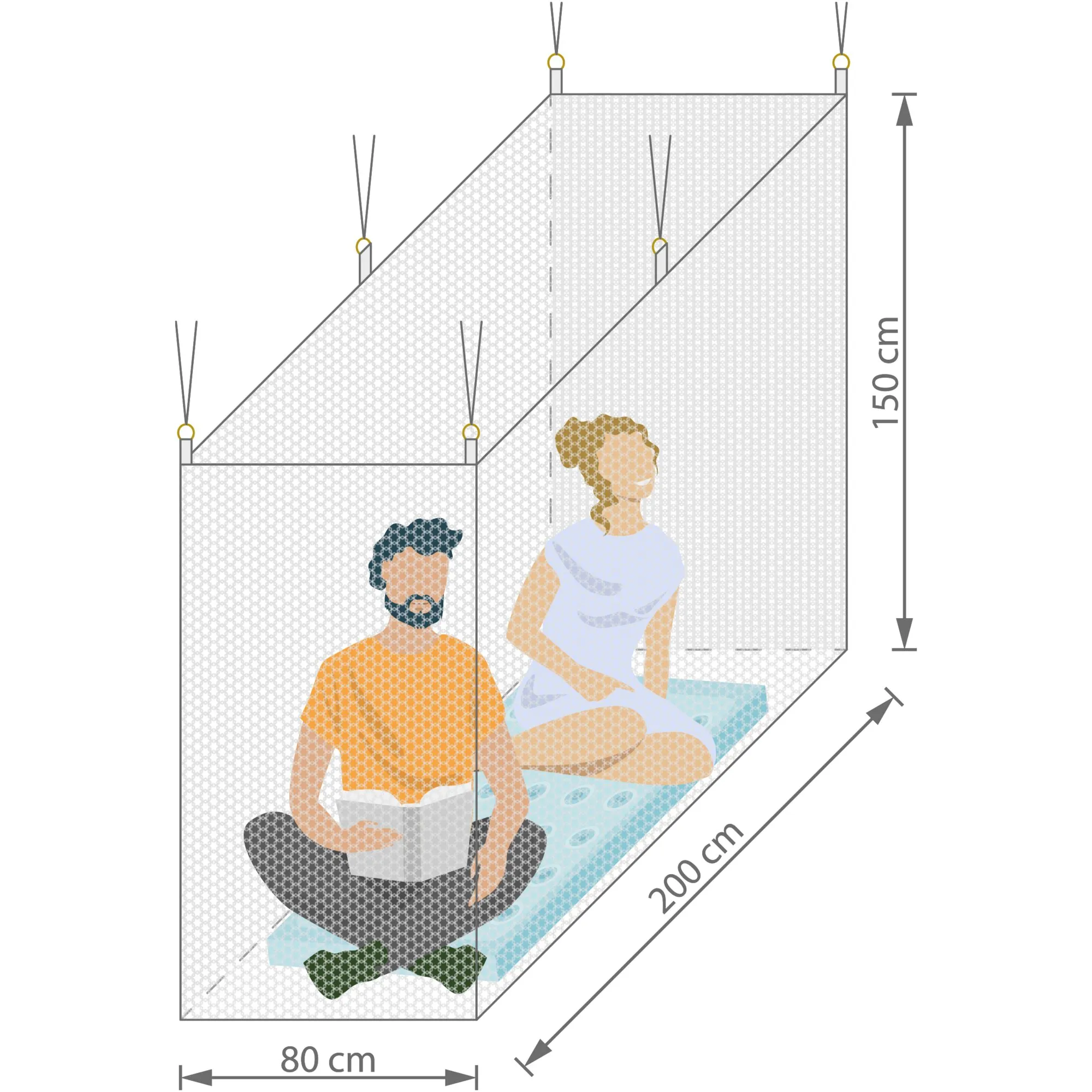 Moskitonetz in Kastenform über einem Bett mit zwei Personen, an vier Punkten aufgehängt, Maße 80 × 200 × 150 cm