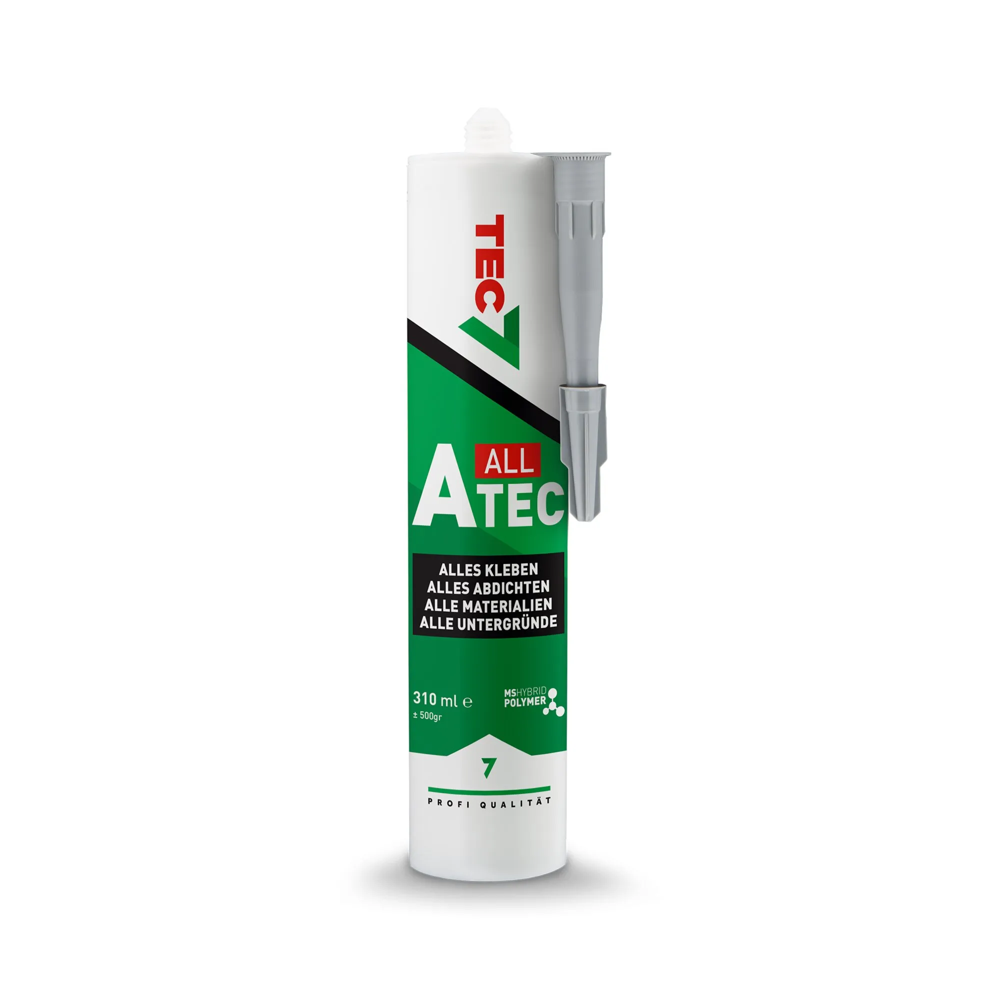 Graue ATEC-Klebstoff- und Dichtmittelkartusche mit 310 ml Inhalt und aufgesetzter grauer Dosierspitze