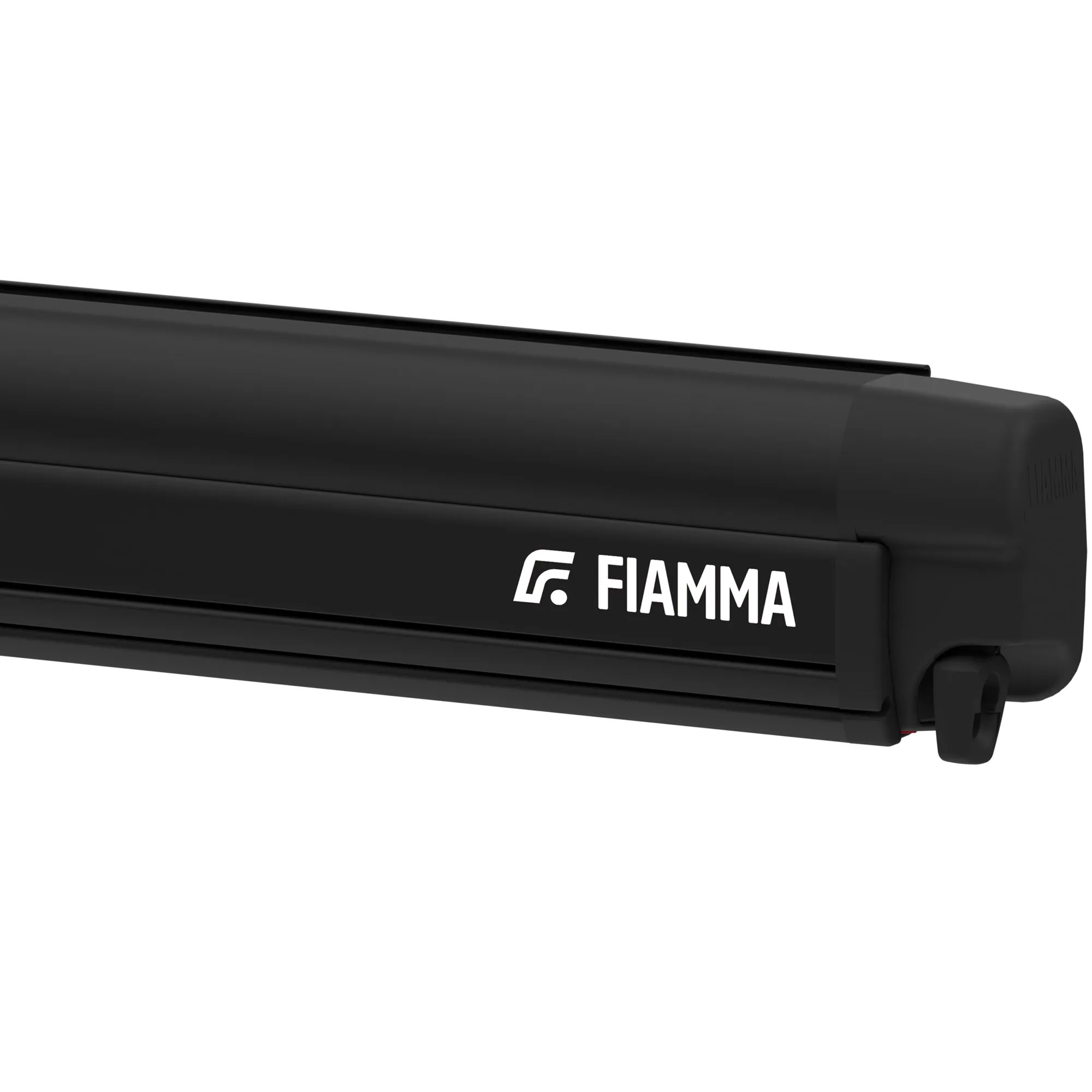 Schwarze Markisen-Kassette mit FIAMMA-Logo, seitlich montierte Halterung sichtbar, längliches Gehäuse rohrförmig