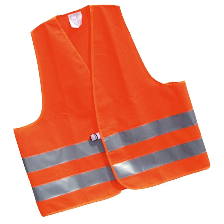 Orangefarbene Warnweste mit zwei umlaufenden silbernen Reflexstreifen und sichtbarem Klettverschluss an der Vorderseite