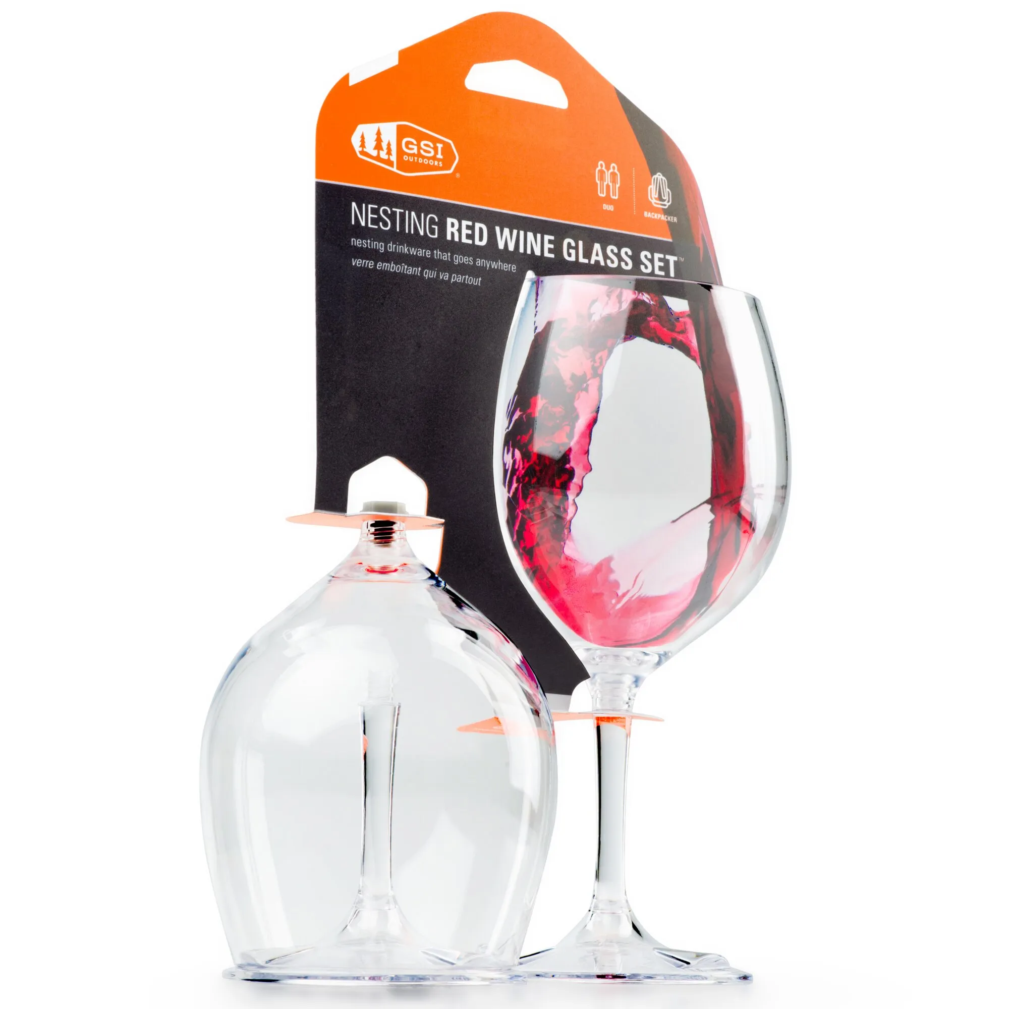 Zwei transparente Rotweingläser mit abnehmbarem Stiel und flachem Standfuß vor der Verpackung des Nesting Red Wine Glass Sets