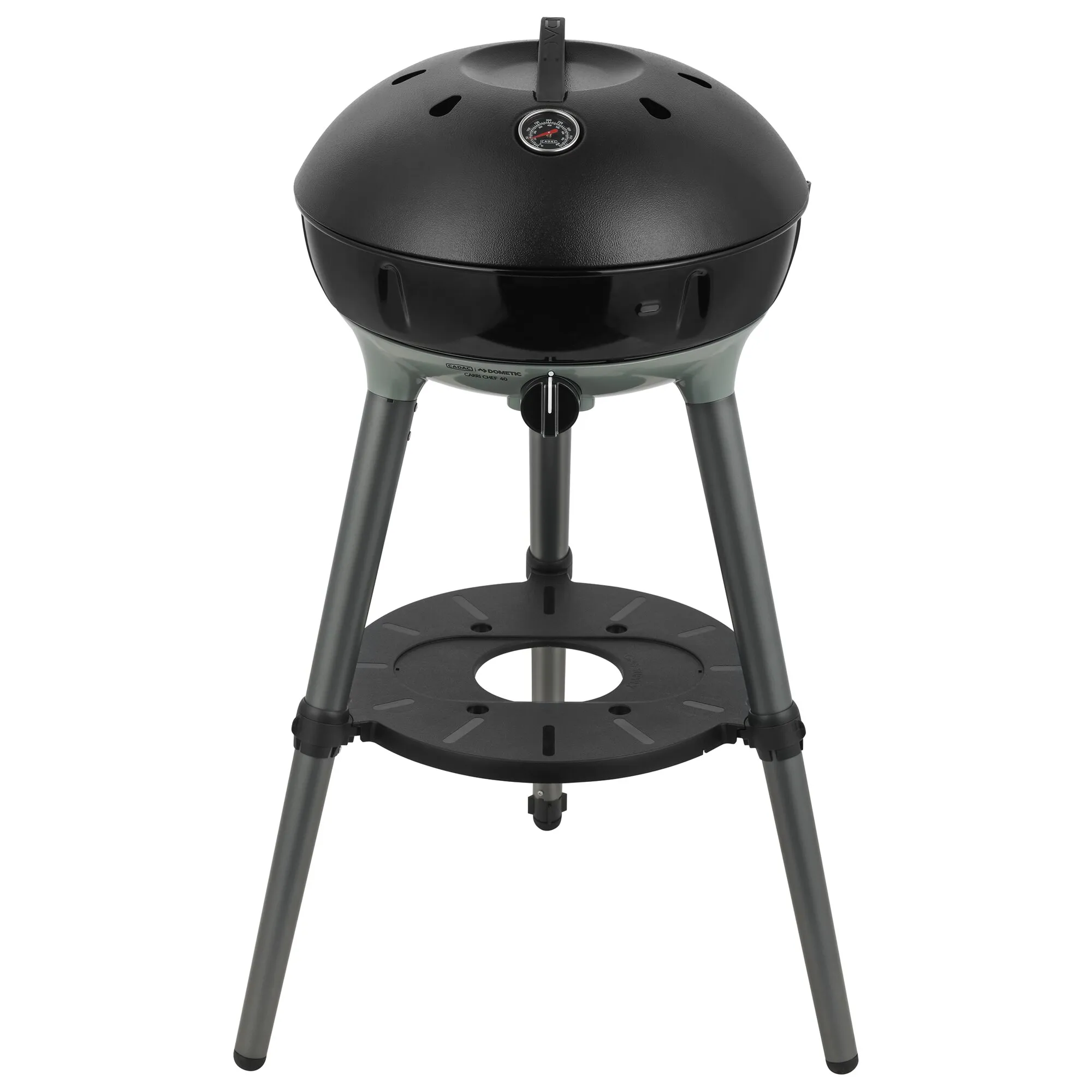 Schwarzer CADAC Gasgrill Carri Chef 40 BBQ mit geschlossenem Deckel, integriertem Thermometer, Temperaturregler, drei Standbeinen und Ablagefläche