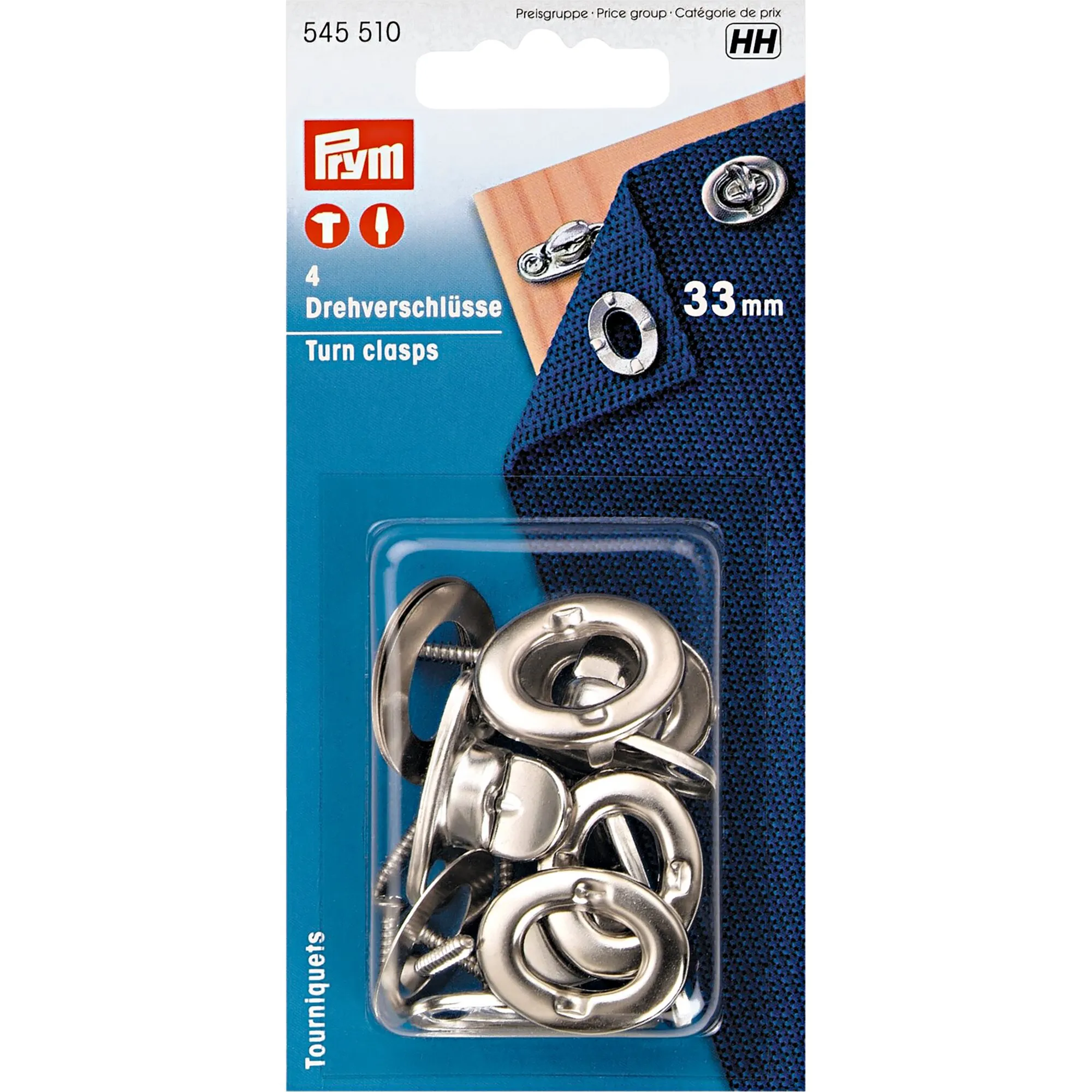 Prym-Packung mit vier silberfarbenen Drehverschlüssen, 33 mm, für Taschen oder andere Textilien, Artikelnummer 545 510