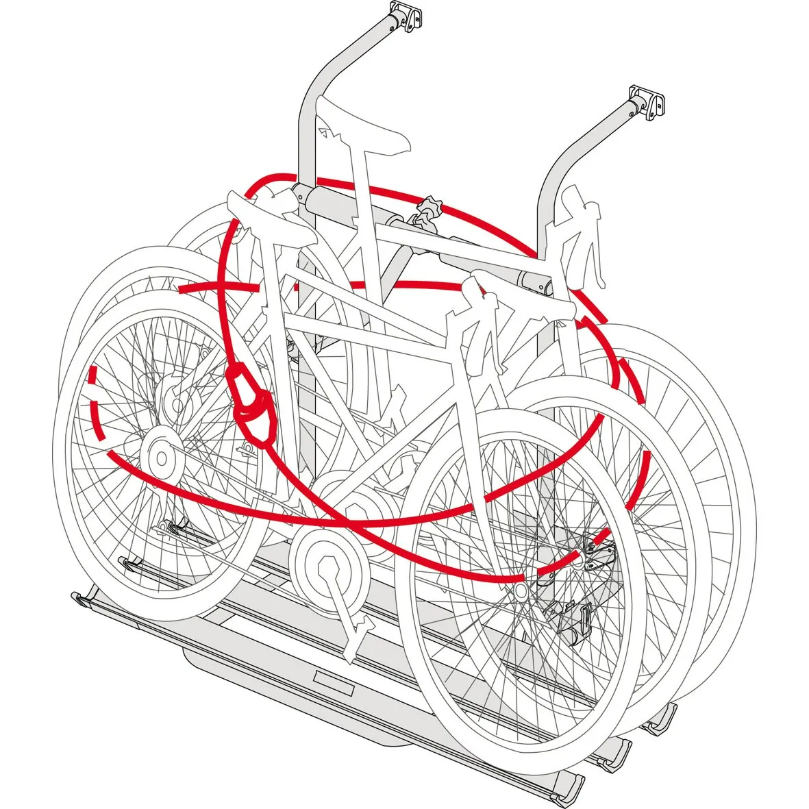 Rote Diebstahlsicherung Cable-Lock sichert mehrere Fahrräder am Fahrradträger durch Rahmen und Räder