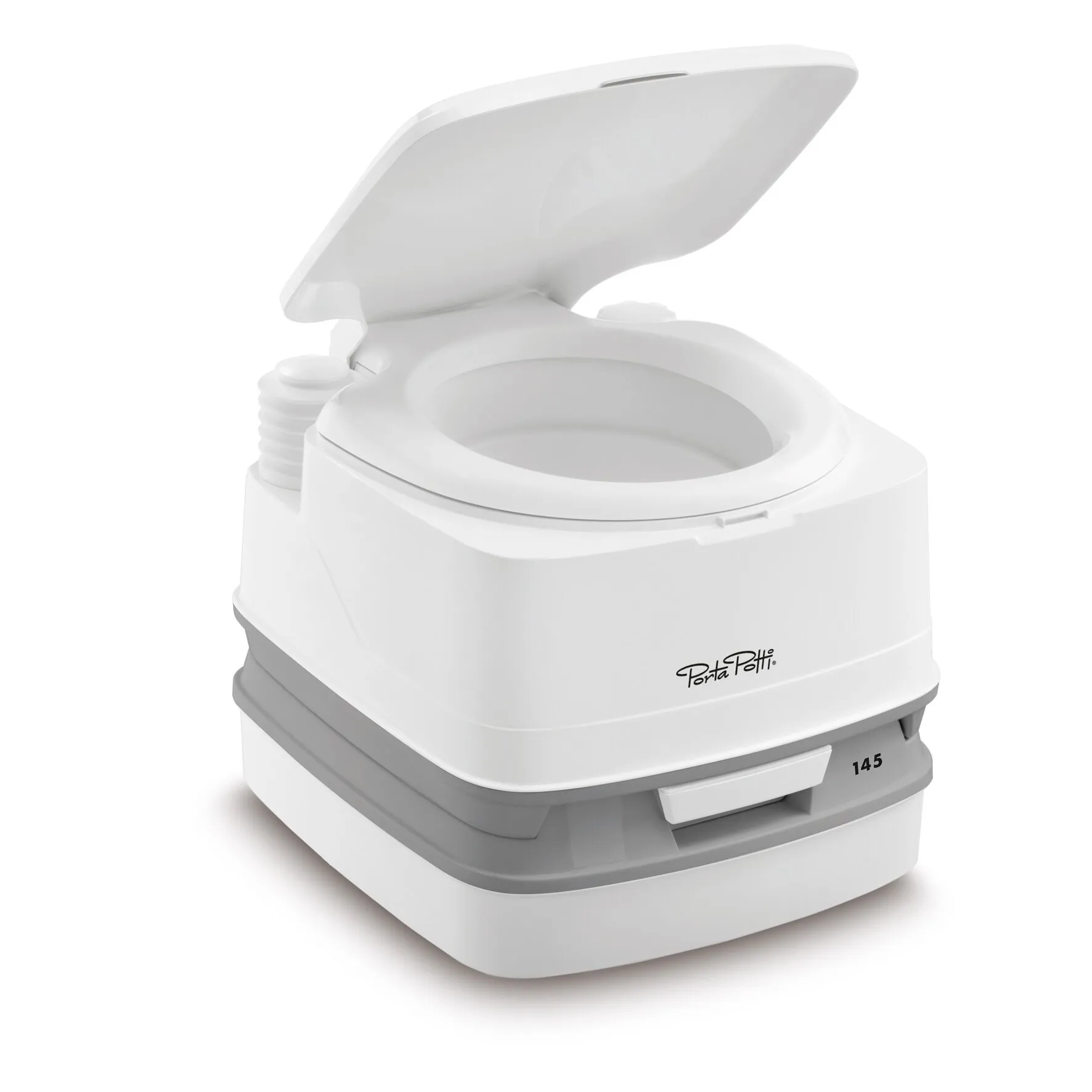 Weiße tragbare Campingtoilette Porta Potti Serie 100 mit geöffnetem Deckel, Toilettensitz und zweigeteiltem Tank Nakne