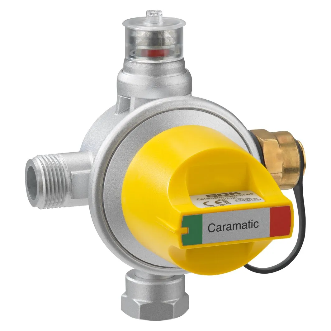 Silbernes Umschaltventil Caramatic SwitchTwo mit gelbem Drehknopf, Anschlüssen und transparenter Statusanzeige, 1,5 kg/h
