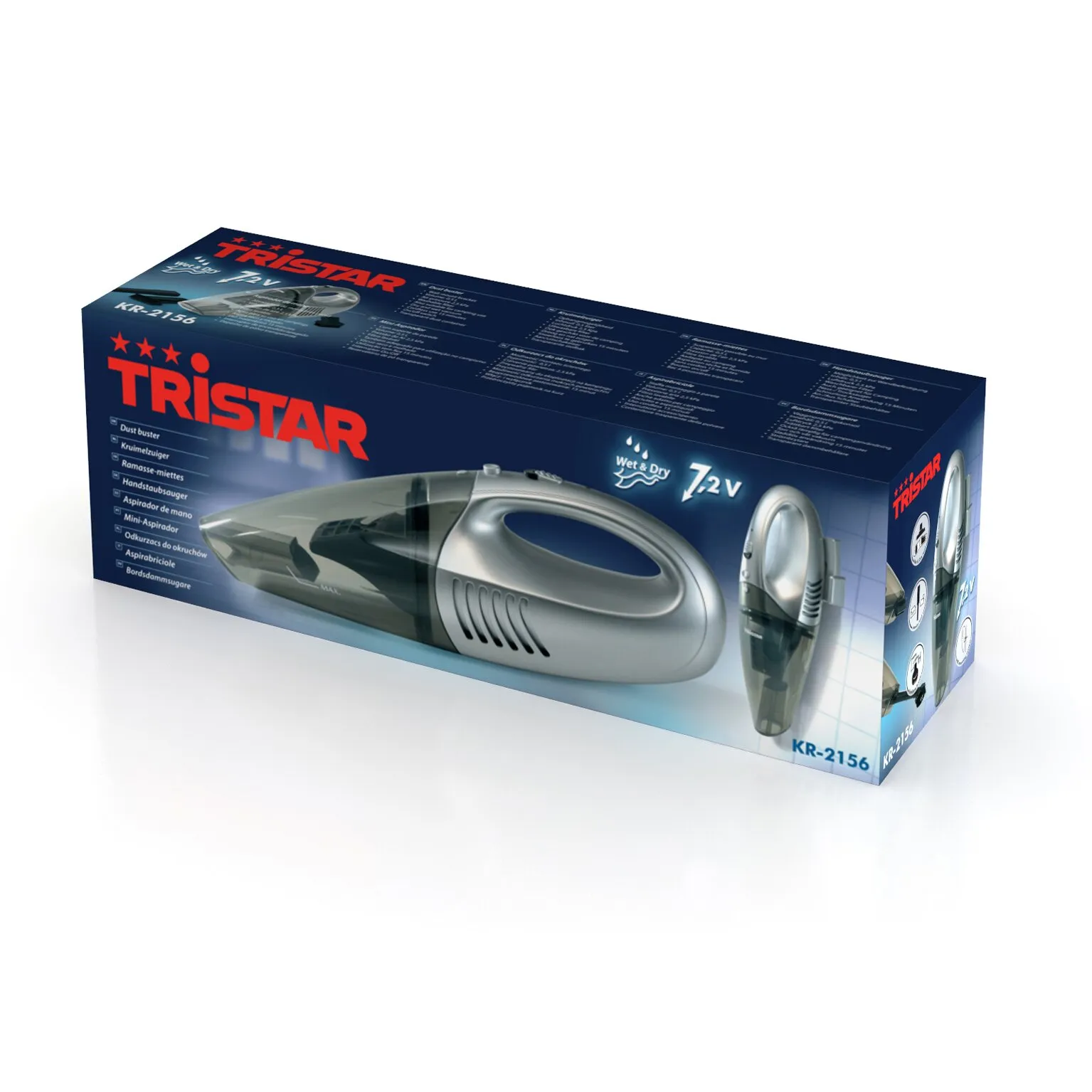 Tristar Handstaubsauger Wet & Dry KR-2156 in Grau auf dunkelblauer Verpackung mit 7,2-Volt-Angabe