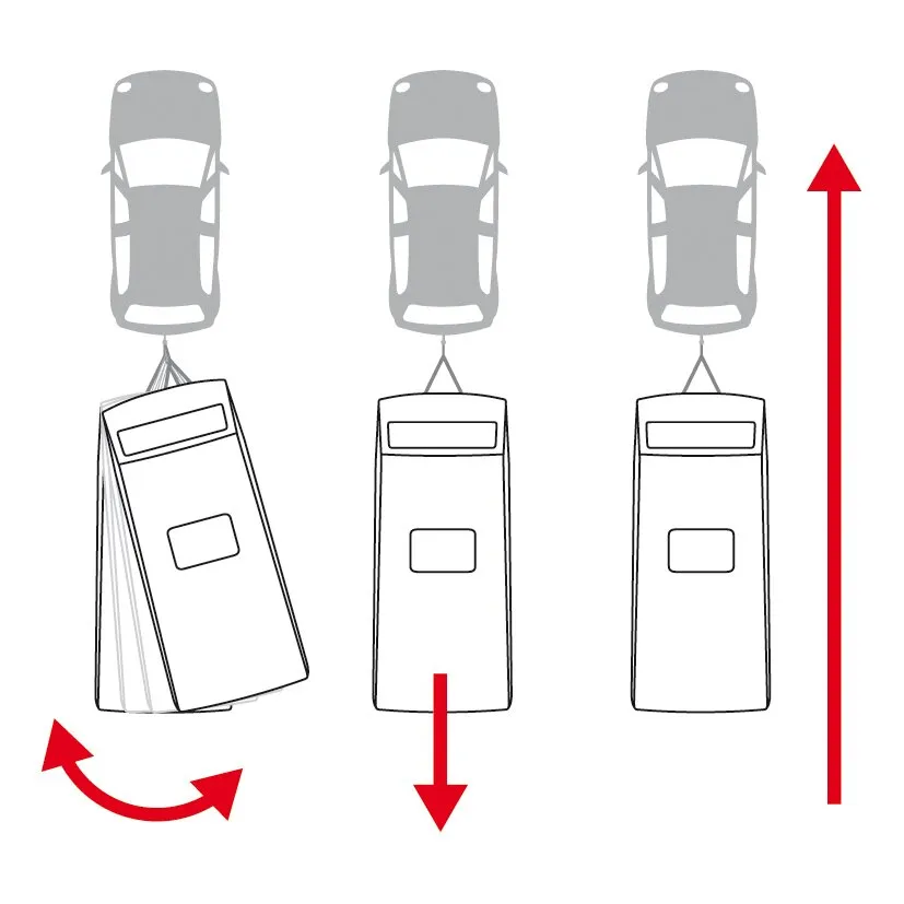 Diagramm des ATC AL-KO Trailer Control mit drei Zugfahrzeugen und Wohnwagen sowie roten Pfeilen für Seitenbewegung und Stabilisierung
