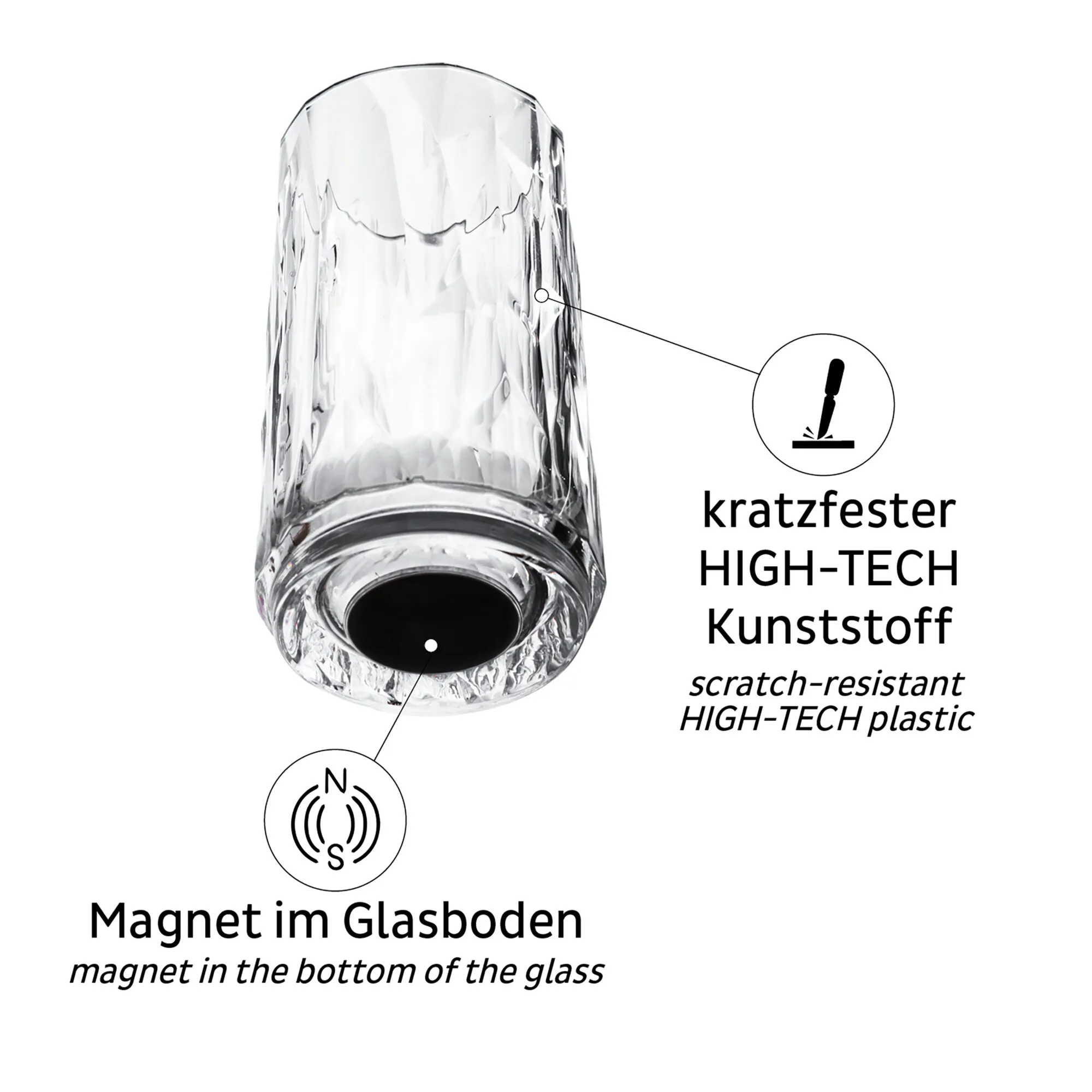 Transparentes Kunststoff-Schnapsglas mit facettierter Oberfläche, schwarzem Magneten im Glasboden und Hinweis auf Kratzfestigkeit