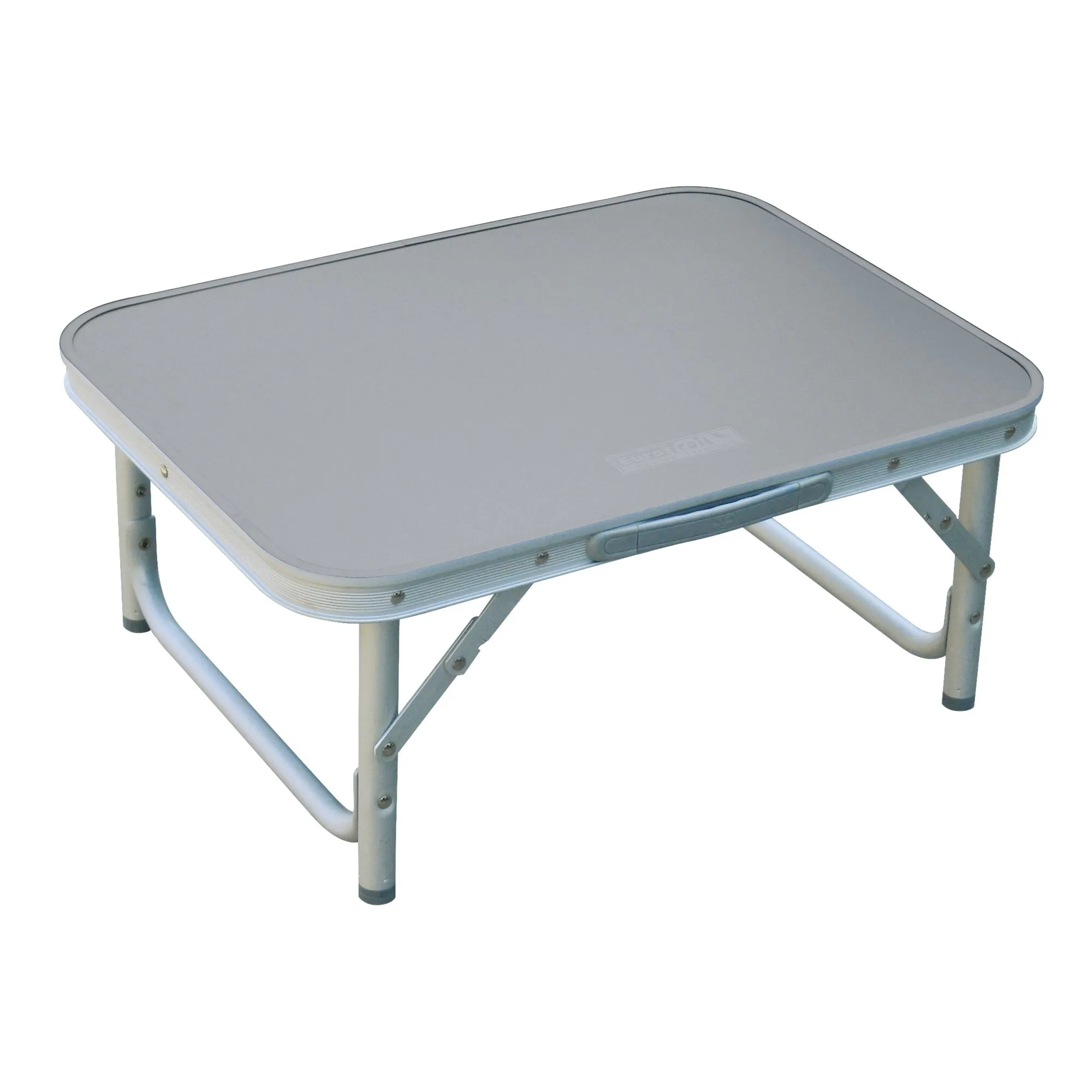 Campingtisch Santé mit grauer, abgerundeter Tischplatte und klappbarem Aluminiumgestell in Seitenansicht