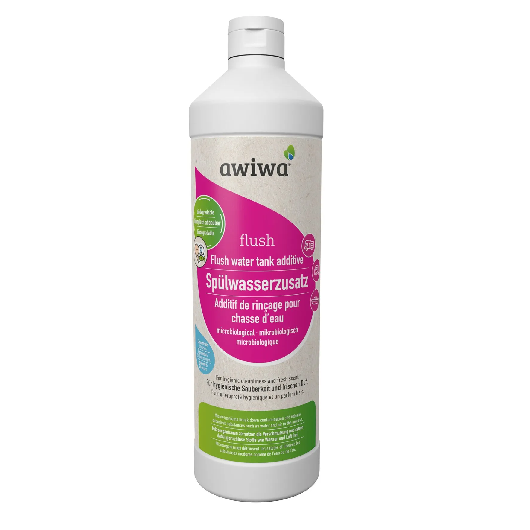 Weiße awiwa-Flasche mit pinkem Etikett: Spülwasserzusatz flush für hygienische Sauberkeit, Inhalt 1 Liter