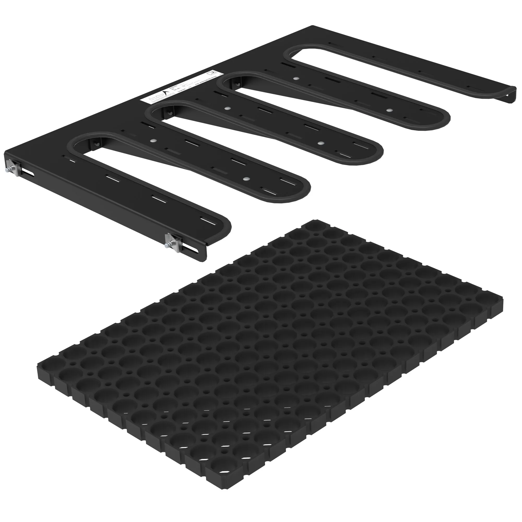 Schwarzer Skihalter für die X-Rack Box XL mit vier länglichen Halteschienen, Befestigungselementen und separater Wabenmatte