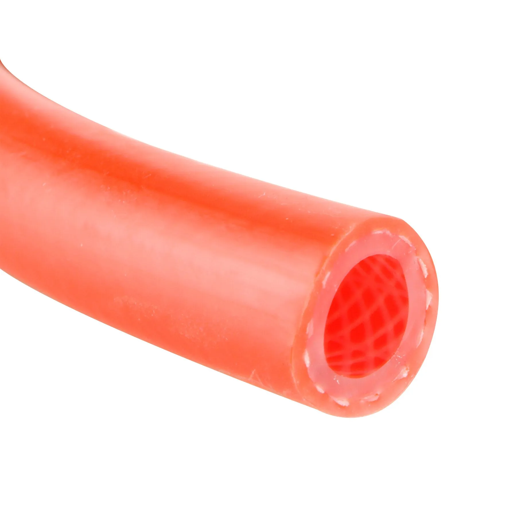 Rote PVC-Heißwasserschlauchrolle als Detailaufnahme mit sichtbarer, verstärkter Innenstruktur und offenem Schlauchende, 5 m lang