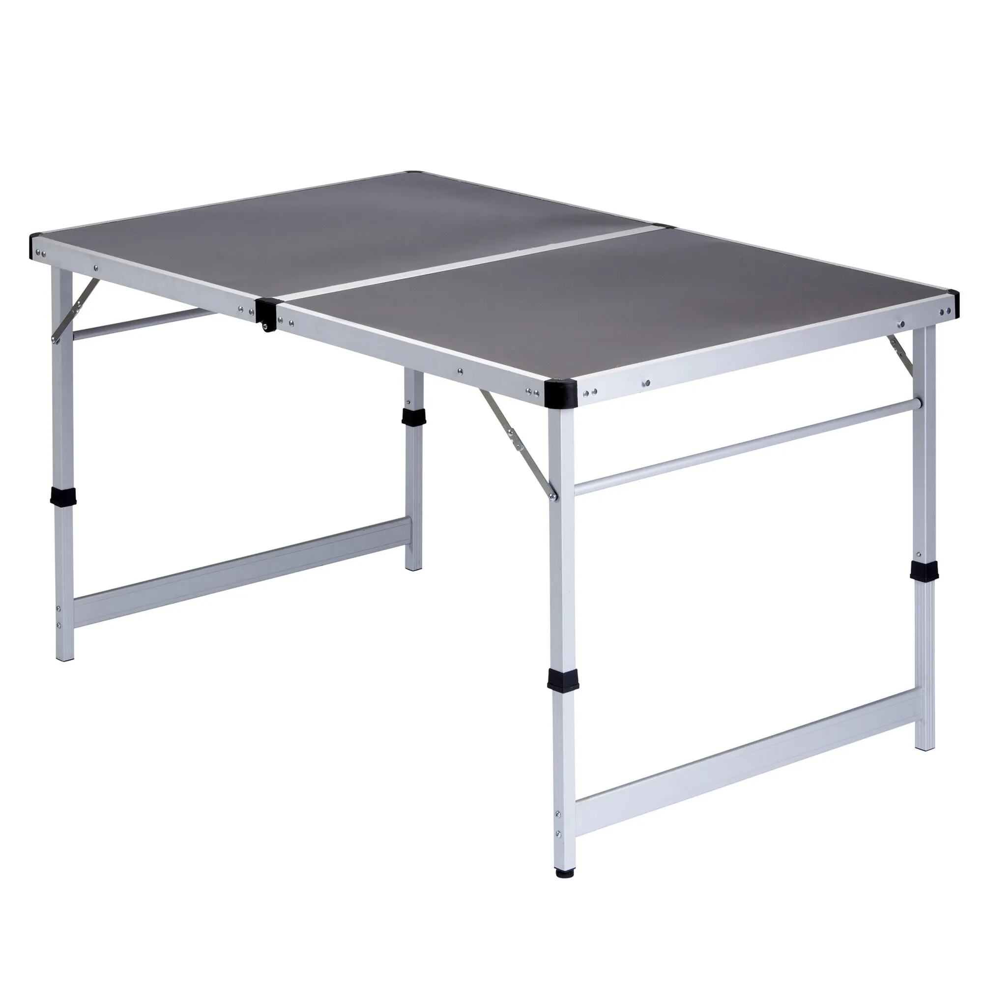 Grauer Klapptisch mit zweiteiliger Tischplatte, silbernem Aluminiumgestell, ausklappbaren Beinen und Querstreben, 60 cm breit