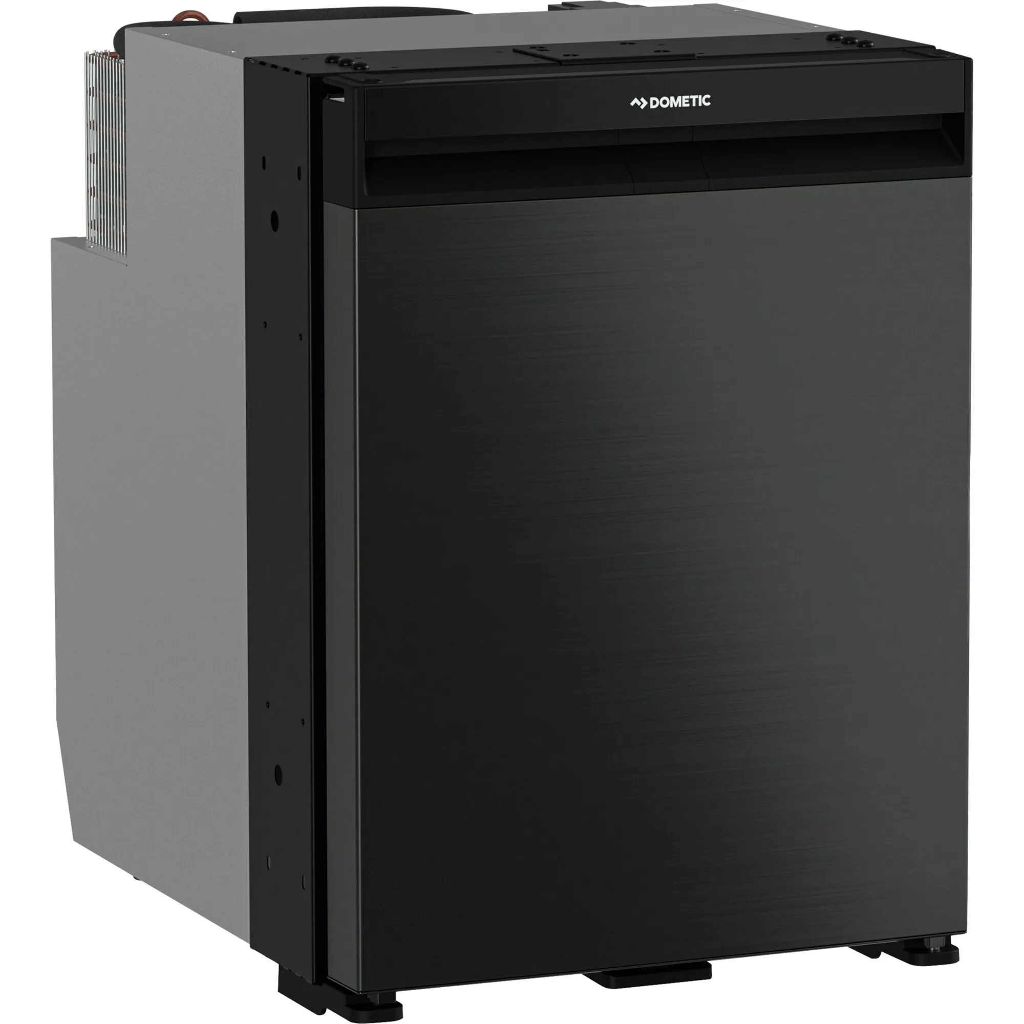 Schwarzer Dometic CoolMatic NRX 50C Kompressorkühlschrank mit 44 l Fassungsvermögen, Front- und Seitenansicht, sichtbarem Kühlkörper