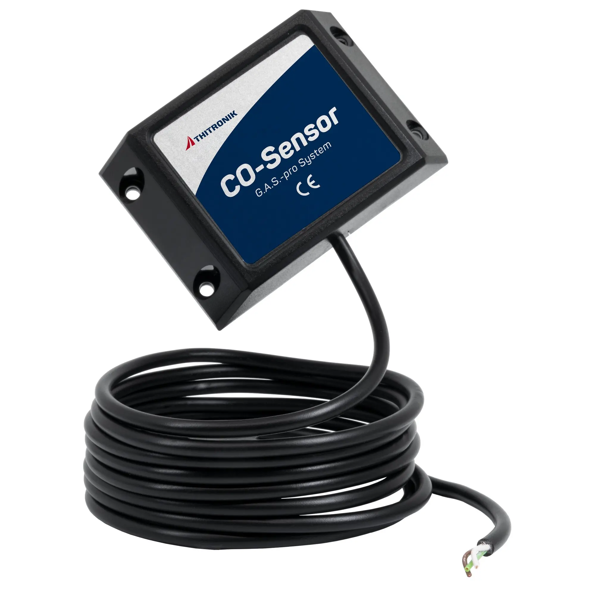 CO-Sensor im schwarzen Gehäuse mit blauem Etikett THITRONIK CO-Sensor G.A.S.-pro System, seitliche Schraubenlöcher, langes Kabel mit freigelegten Leitungen
