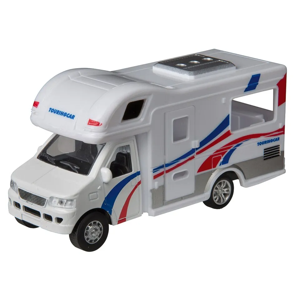Weißes Reisemobil als Modellfahrzeug in Front- und Seitenansicht mit roten und blauen Streifen, Dachaufbau und sichtbarer Innenausstattung