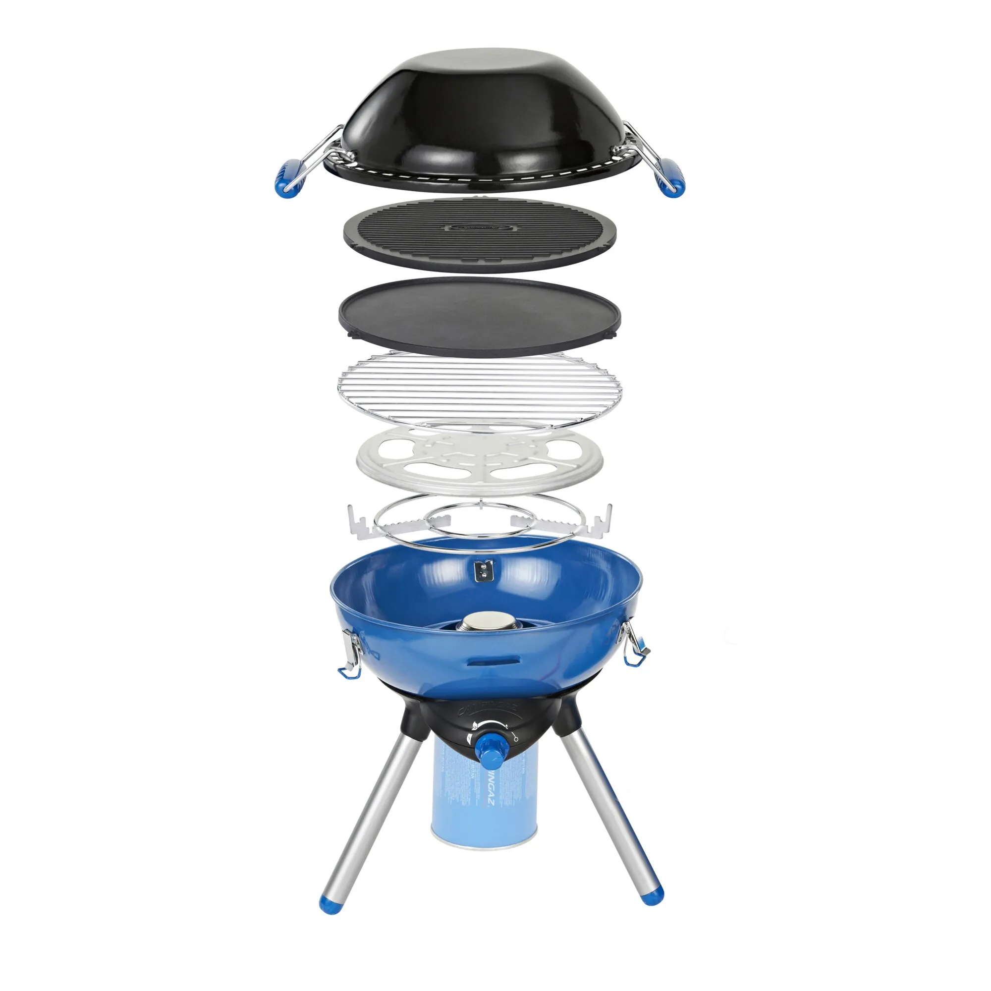 Party Grill 400 CV von Campingaz in Explosionsansicht: blauer Gasgrill mit Deckel, Grillrost, Platte, Brenner, Kartusche und drei Beinen