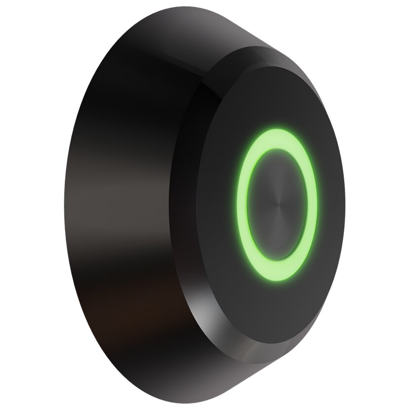 Schwarzer, runder CampLock Fingerprint Sensor mit grün leuchtendem Ring im Zentrum und glänzende Oberfläche