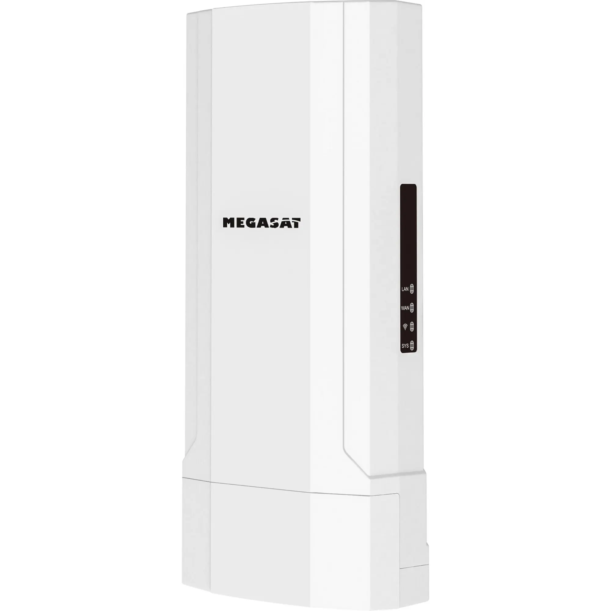 Hochformatiger reinweißer WLAN-Booster mit vertikaler dunkler Leiste rechts, sichtbar LAN- und WAN-Symbole; MEGASAT-Logo unten links