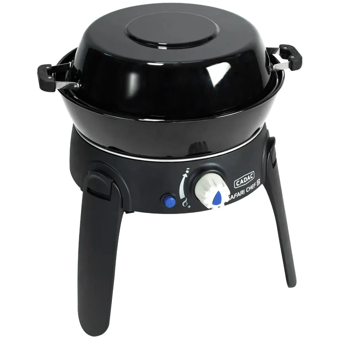 Schwarzer Gasgrill Safari Chef 30 mit rundem Deckel, zwei Seitengriffen, drei Standbeinen und Bedienregler an der Vorderseite