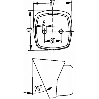 Positionsleuchte mit quadratisch gerundeter Front, zwei Bohrungen innen, Innenabstände 5 und 30 mm, Seitenansicht mit 23° Neigung