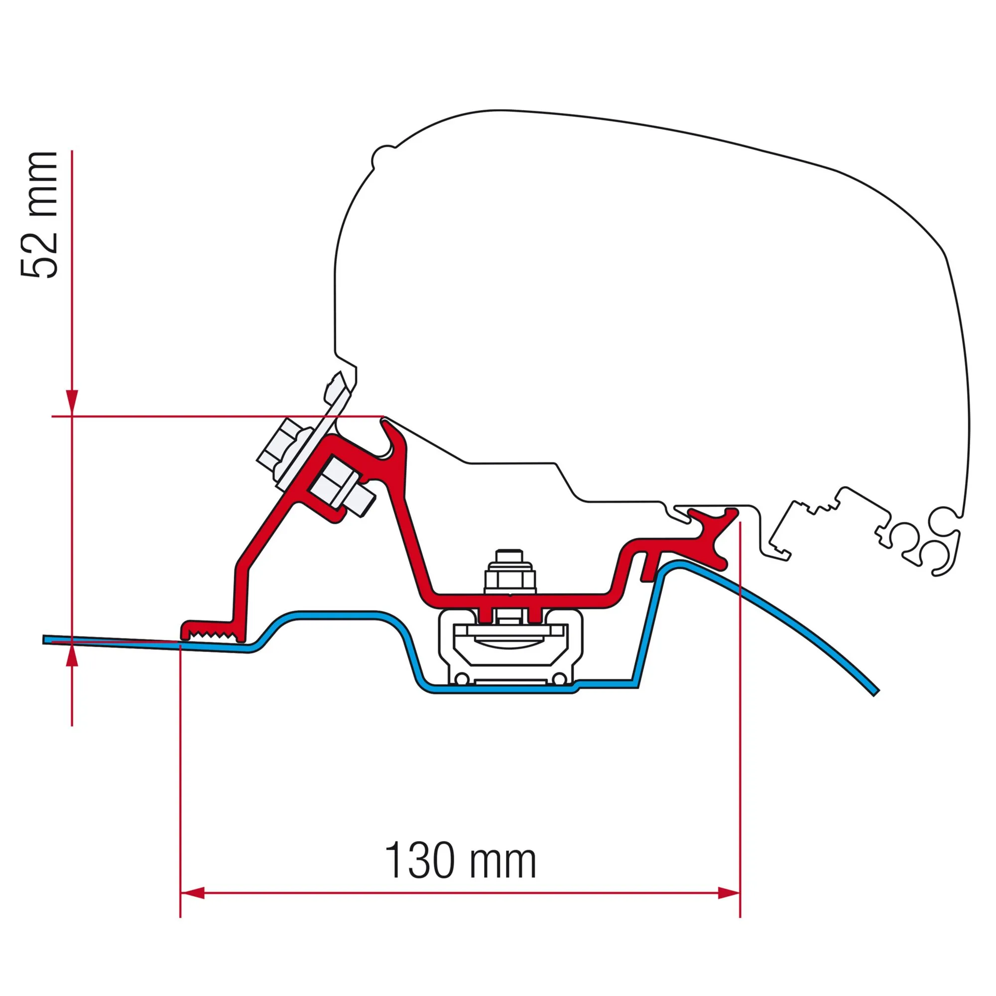 Technische Schnittdarstellung des Kits Mercedes Sprinter mit roten und blauen Bauteilen sowie Maßangaben 130 mm und 52 mm
