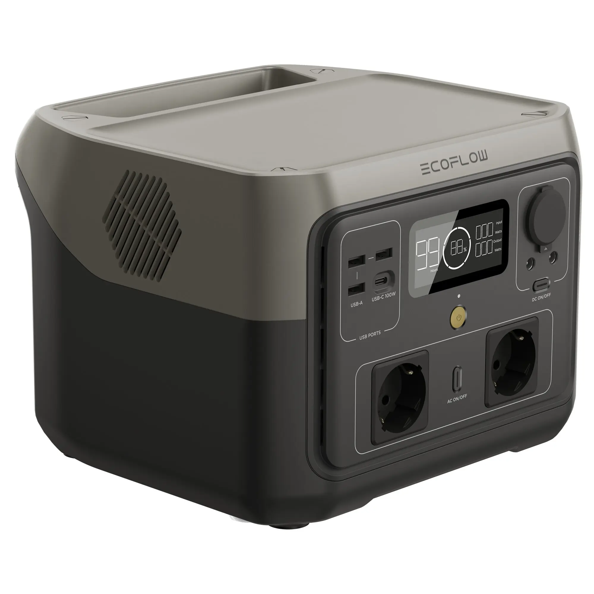 EcoFlow River 2 Max Powerstation in dunkelgrauem Gehäuse: Frontpanel mit Display, USB-Anschlüssen und Steckdosen, Power-Taste und Lüftungsgitter