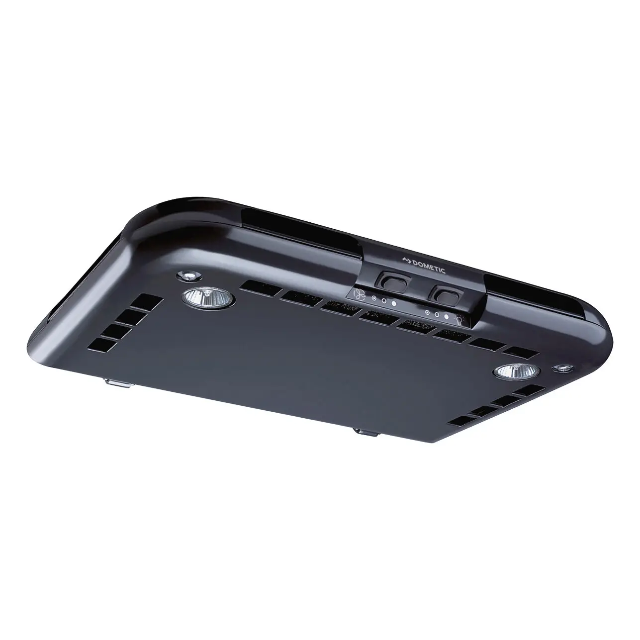 Unterseite einer schwarzen Dunstabzugshaube CK 2000 von Dometic, zentrales Bedienfeld, zwei LED-Lampen und zahlreiche Luftschlitze entlang der Gehäusekante