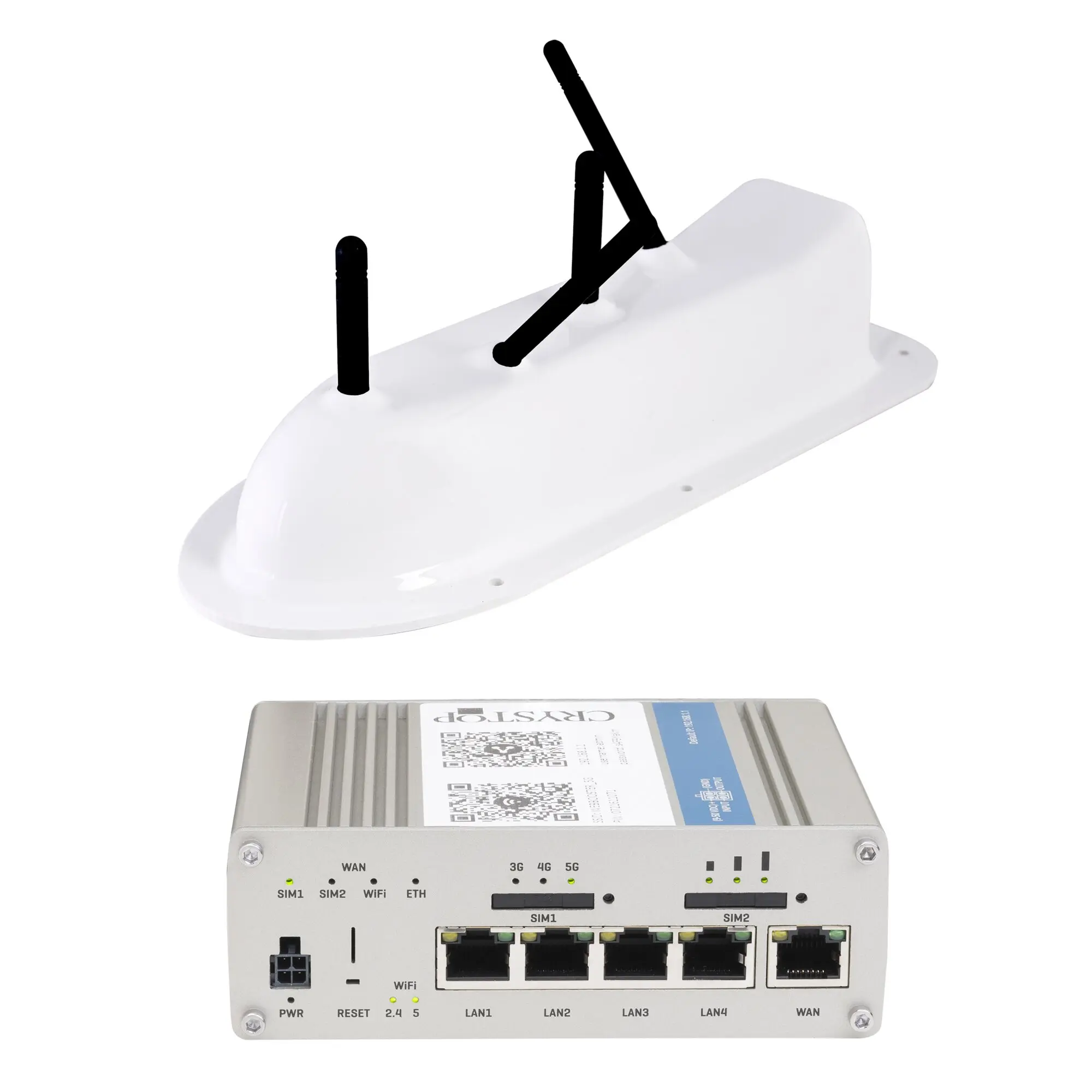 Weiße Routerstation mit zwei schwarzen Antennen, LAN1–LAN4, WAN, SIM-Slots, PWR, RESET und LEDs daneben graues Modul mit QR-Code