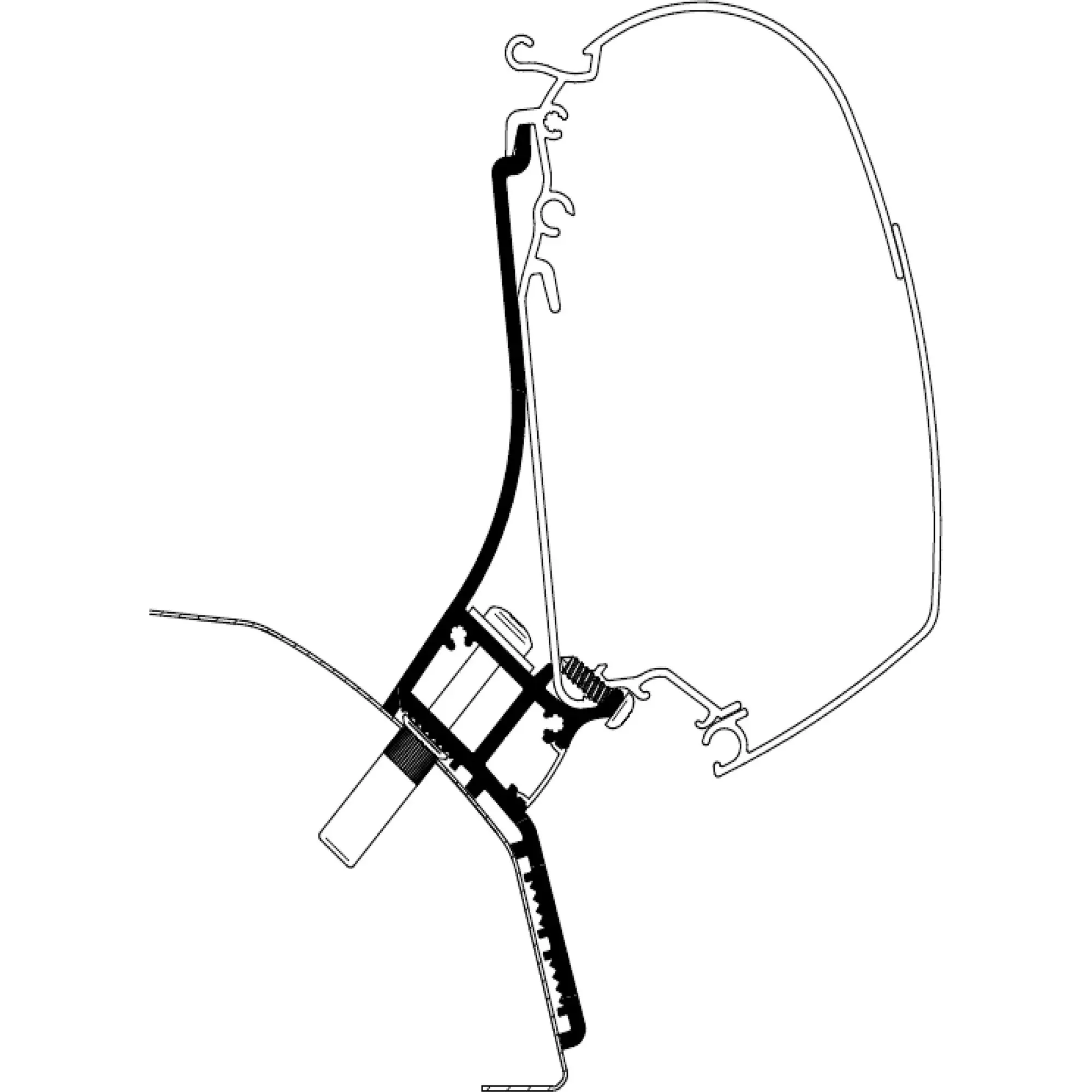 Schwarz-weißes Diagramm eines langen Gurtbands, das sich um einen großen runden Ring legt; unten eine rechteckige Befestigungsplatte mit Schraubloch
